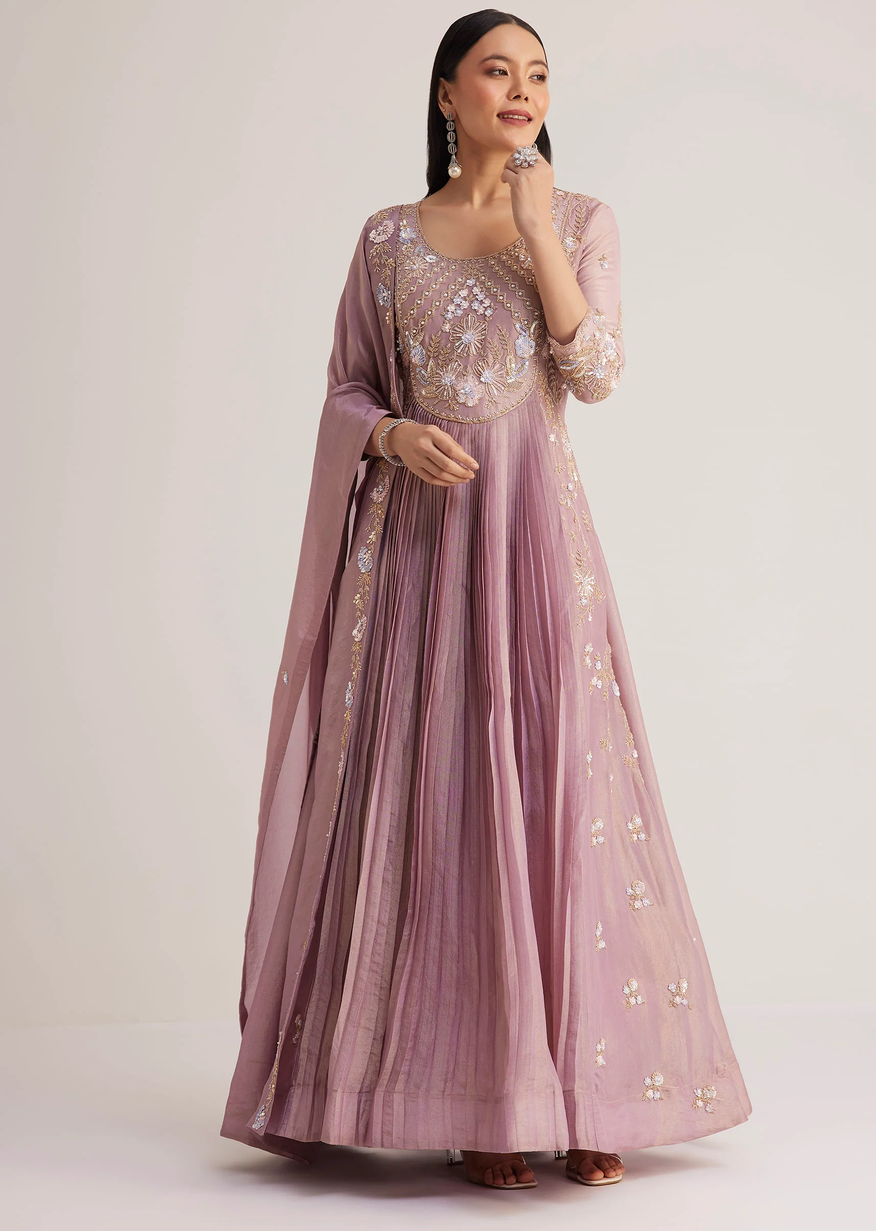 Lavender Embroidered Anarkali With Dupatta - Image 3