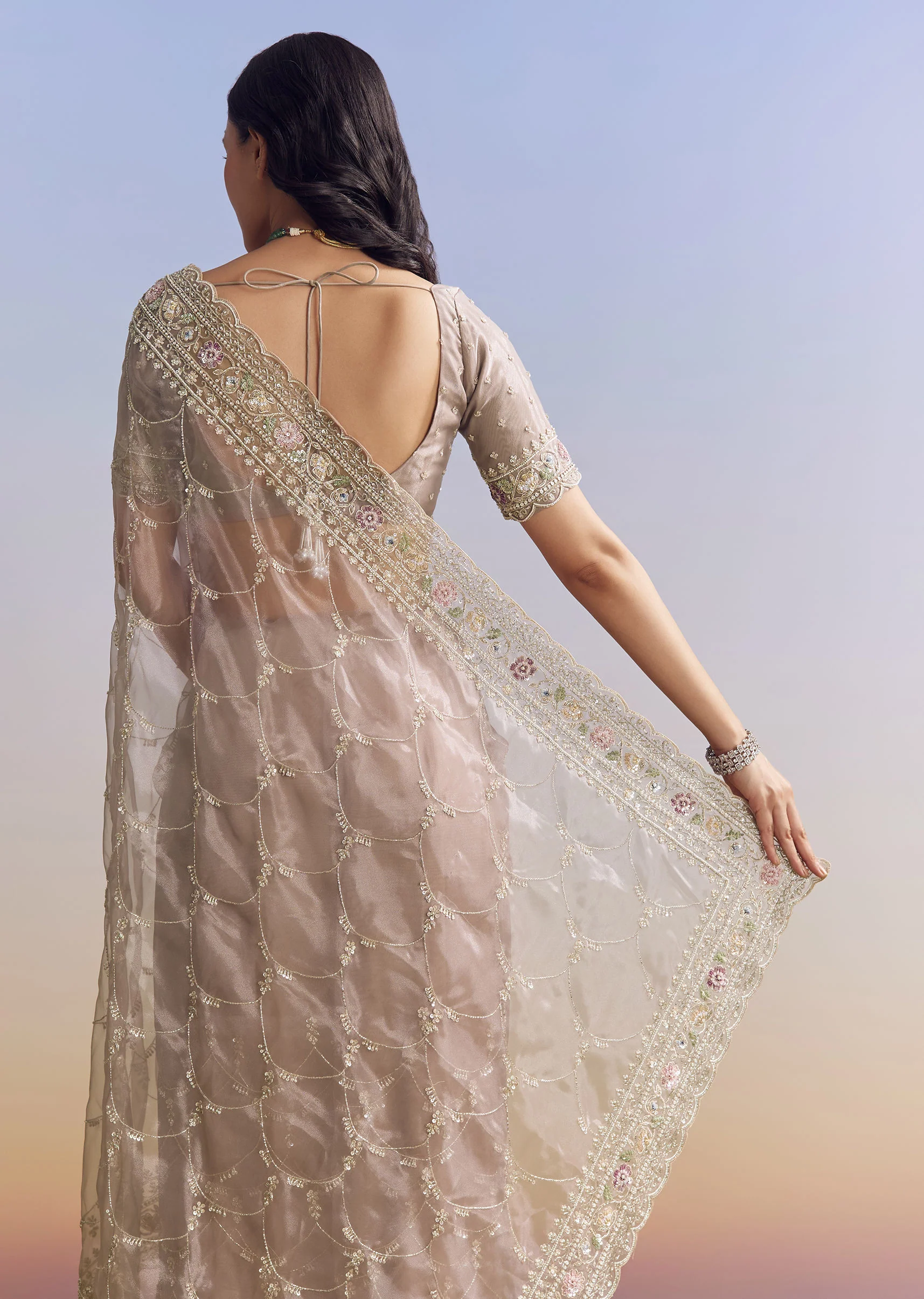 Lavender Glass Tissue Saree With Multicolor Sequins And Heavy Jaal - Image 6