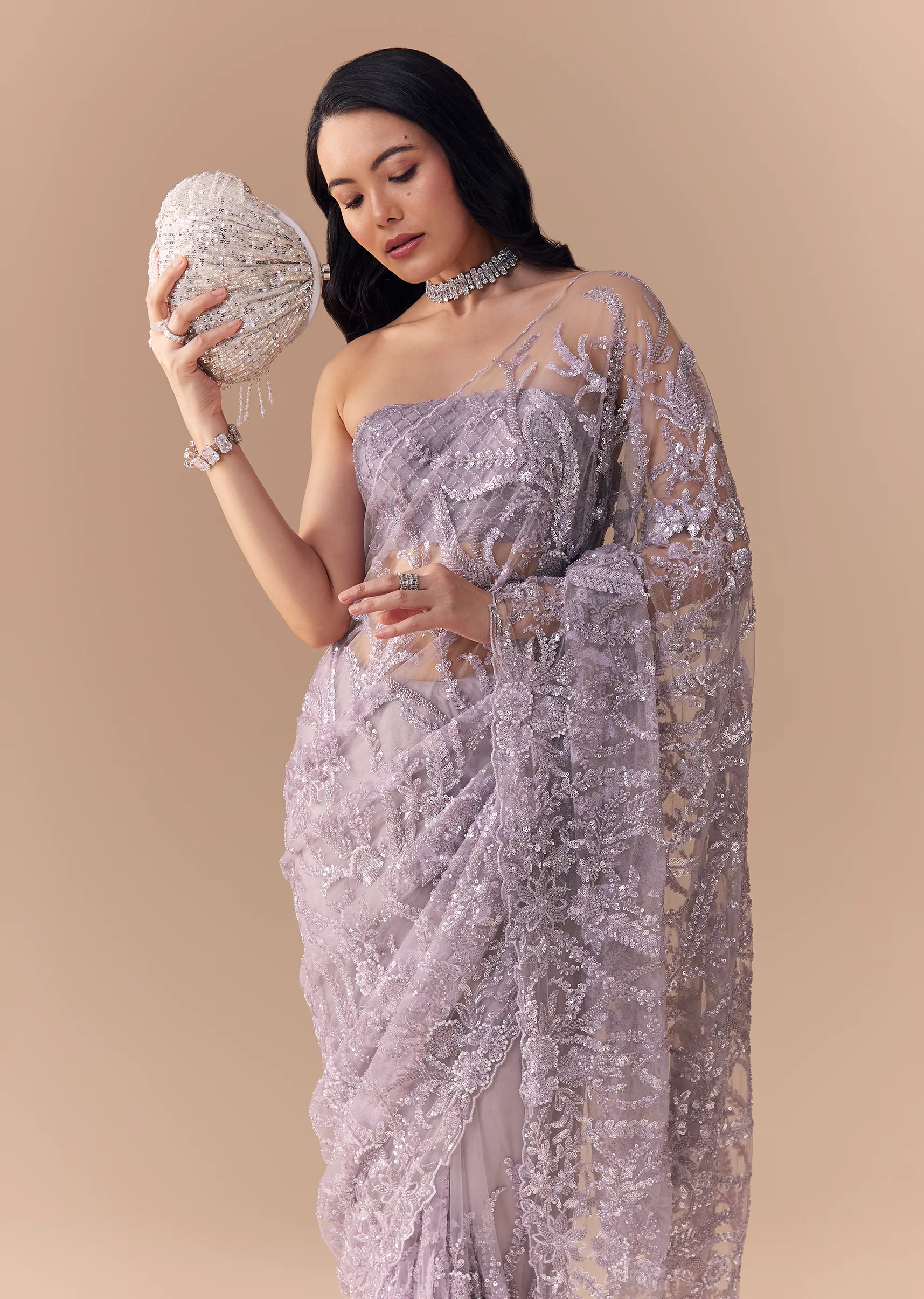 Lavender Net Floral Work Saree with Unstitched Blouse - Image 4