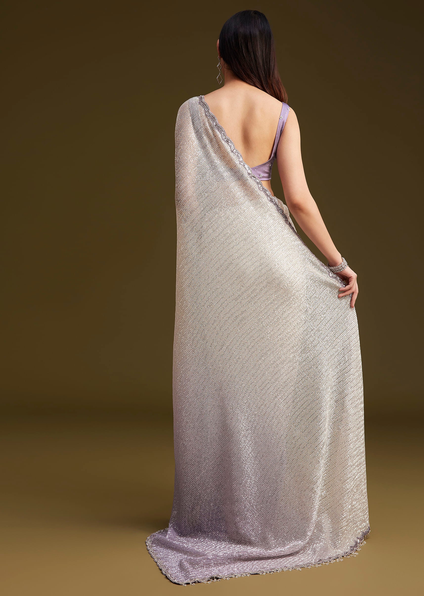 Lavender Ombre Sequins Saree With Scallop Embroidery Border - Image 4