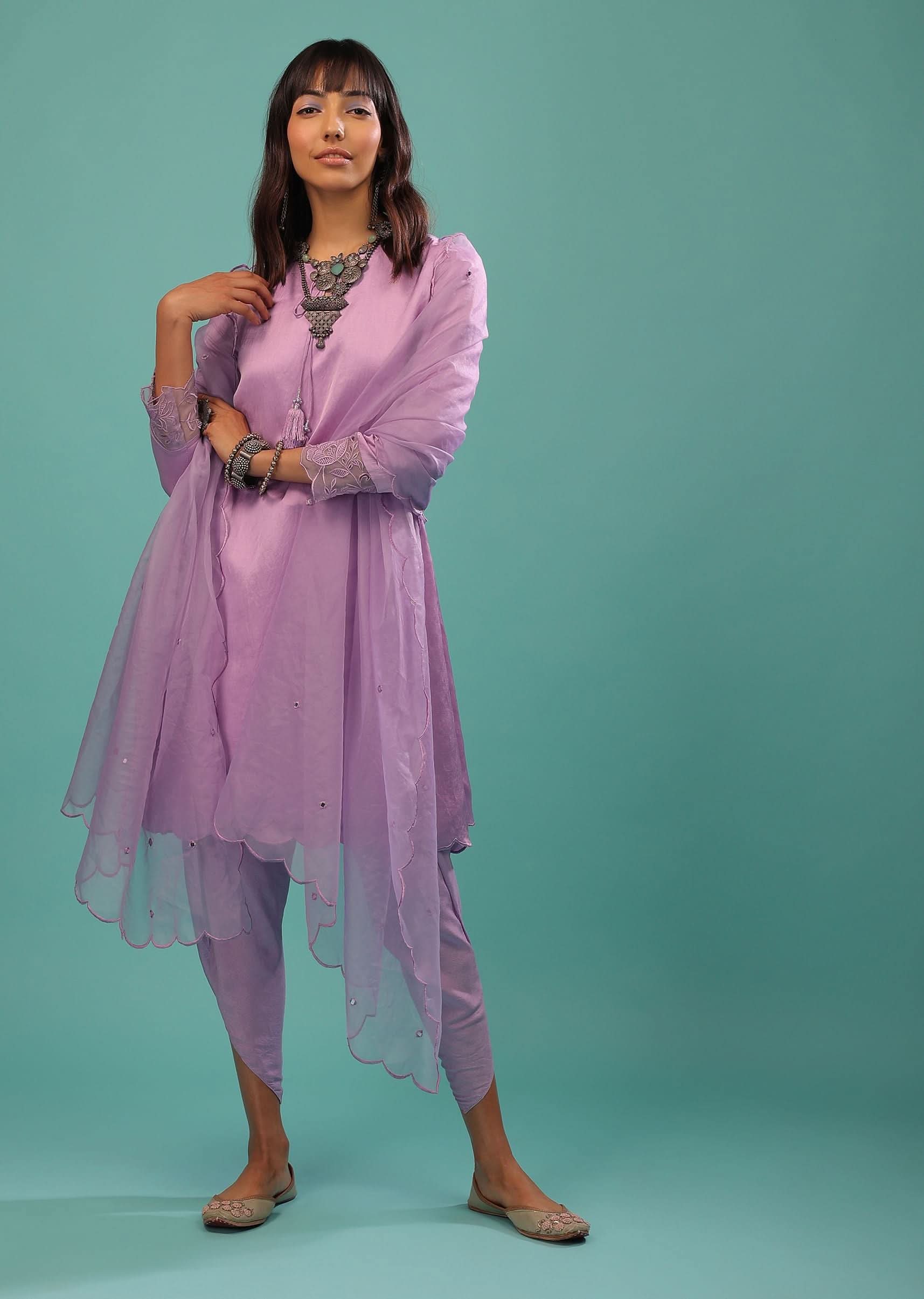 Lavender Purple Linen Silk Dhoti Suit With Floral Embroidered Organza Cuffs