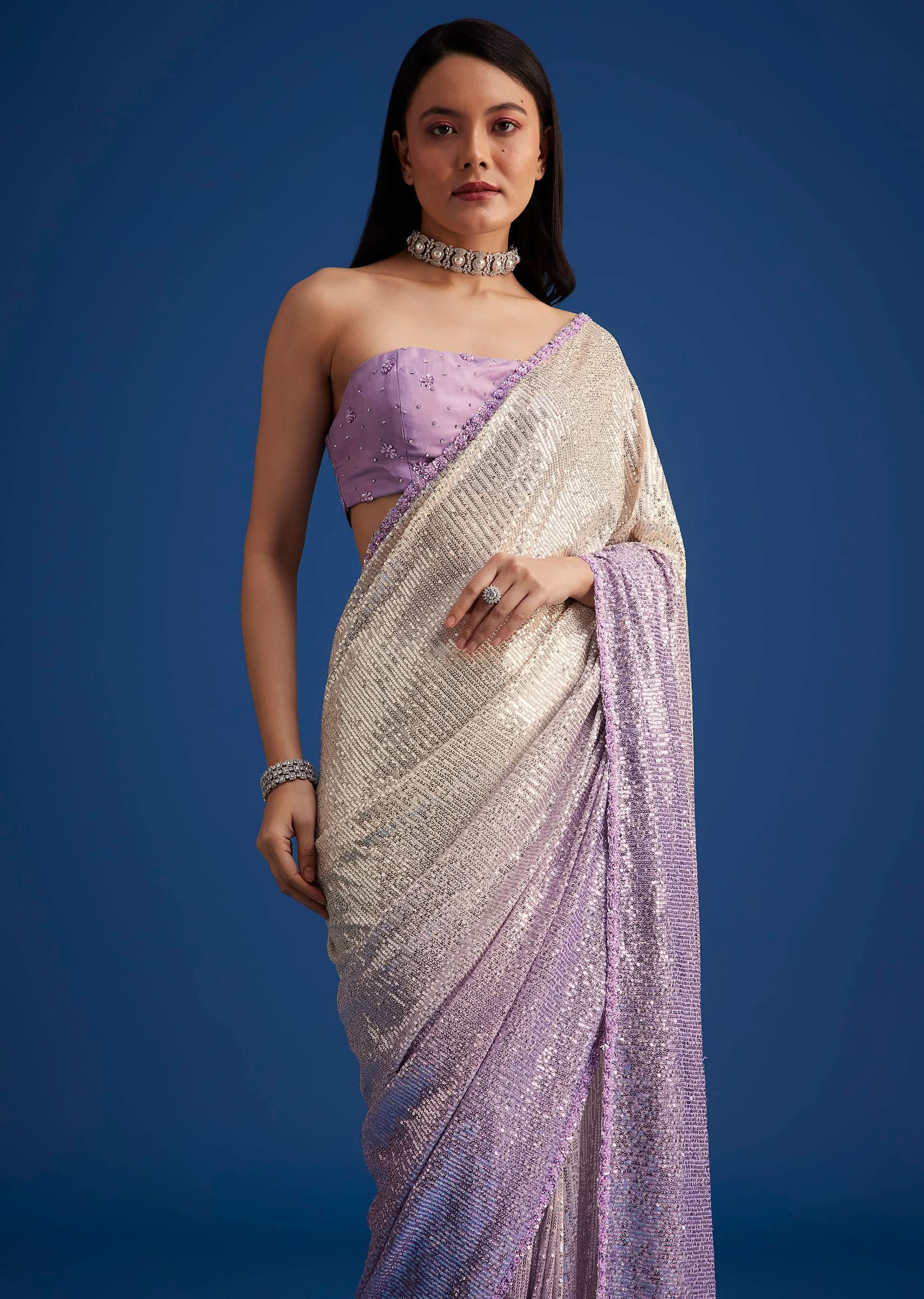 Lavender Purple Ombre Sequins Saree With An Embellished Border - Image 2