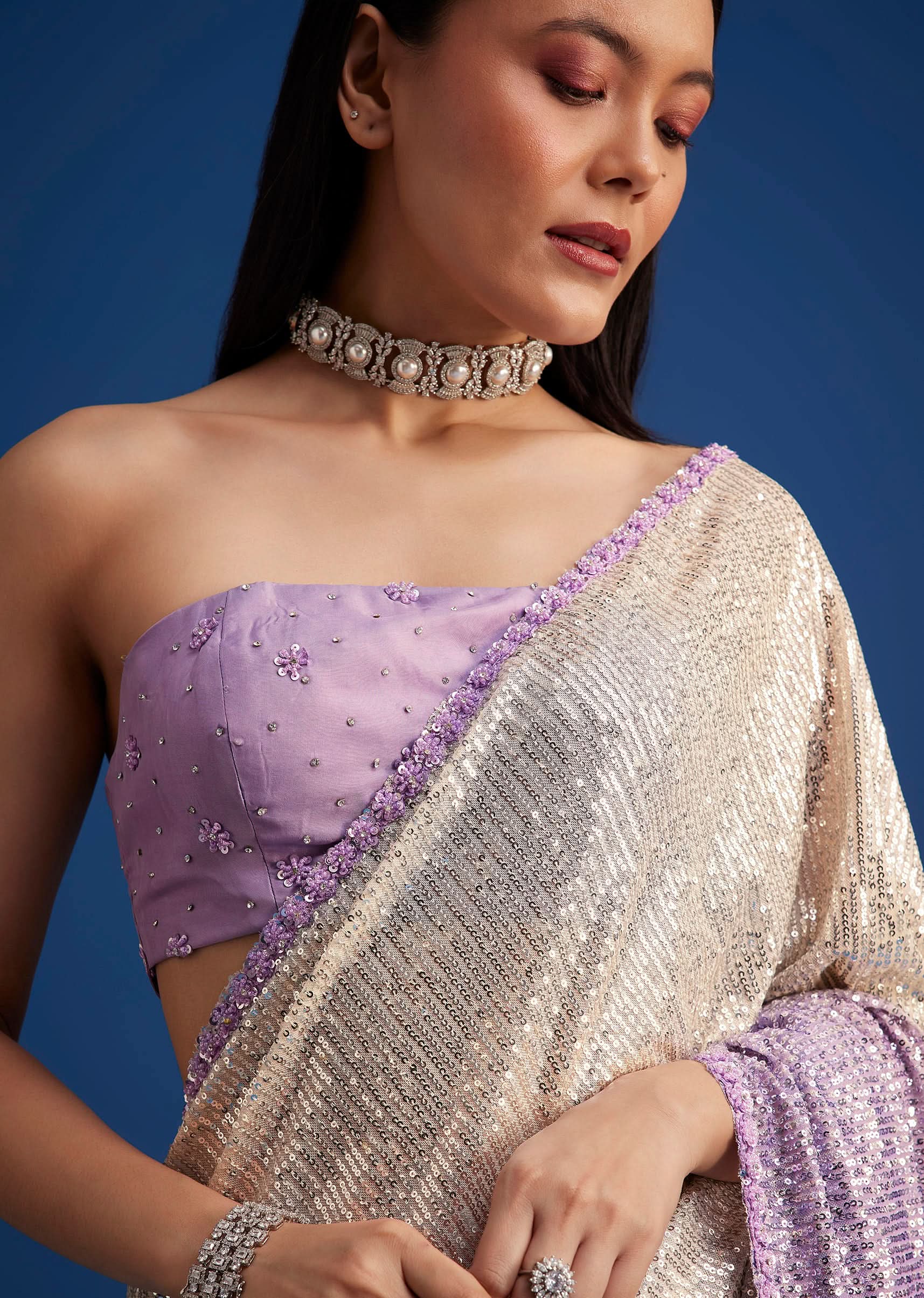 Lavender Purple Ombre Sequins Saree With An Embellished Border - Image 5