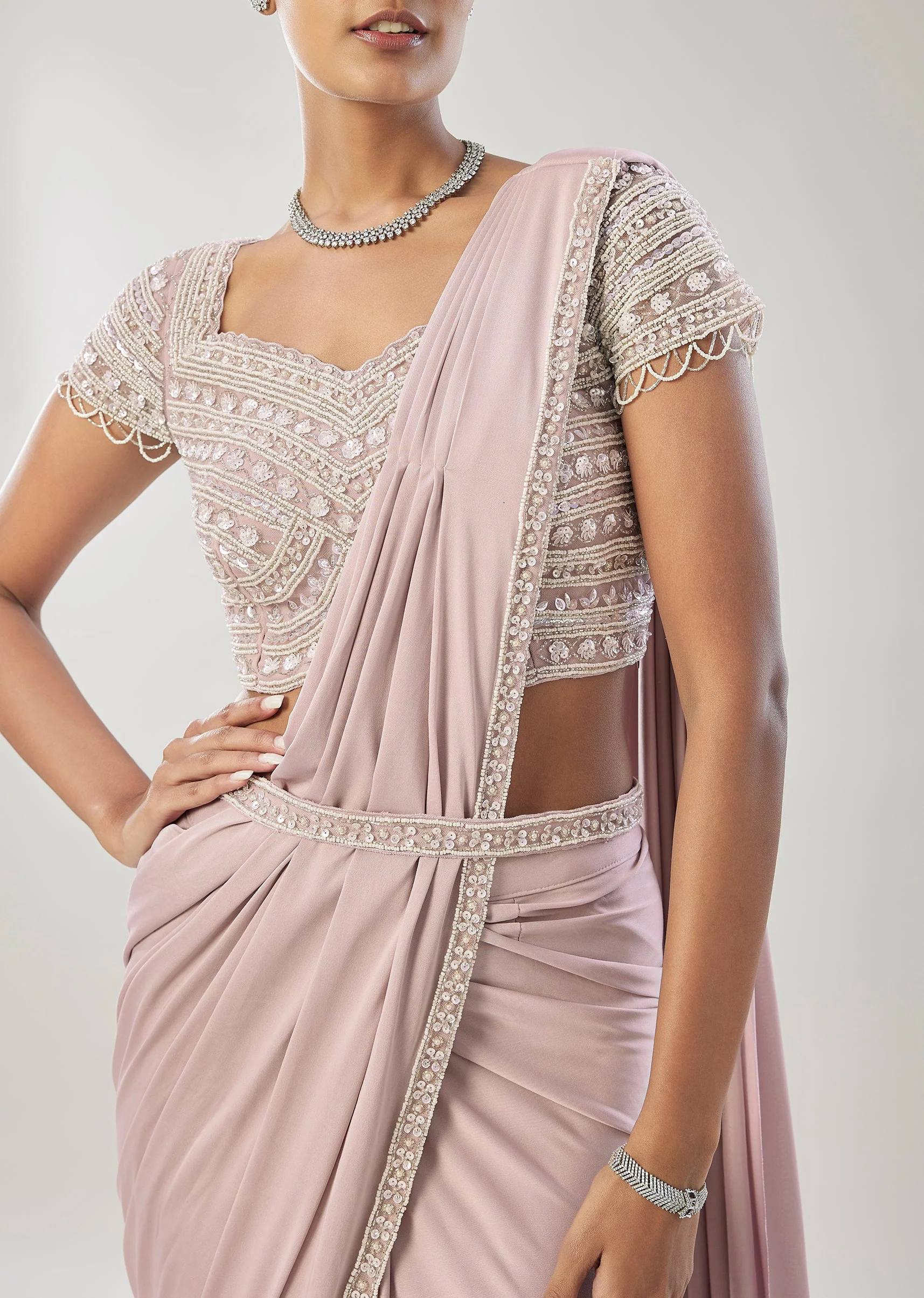 Lavender Ready Pleated Saree With Belt - Image 2