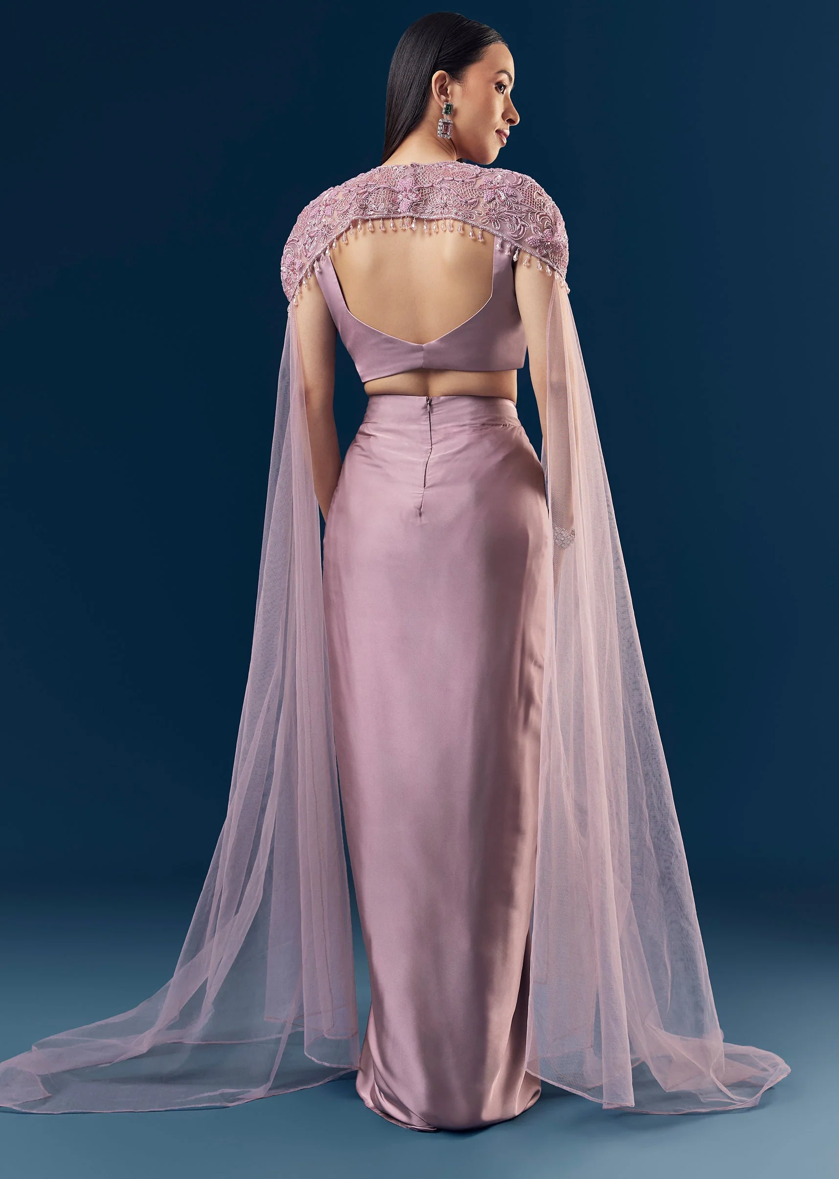Lavender Satin Crop Top And Draped Skirt Set With Purple Pleated Embroidered Blouse And Cape With Cut Dana And Bead Detailing - Image 2