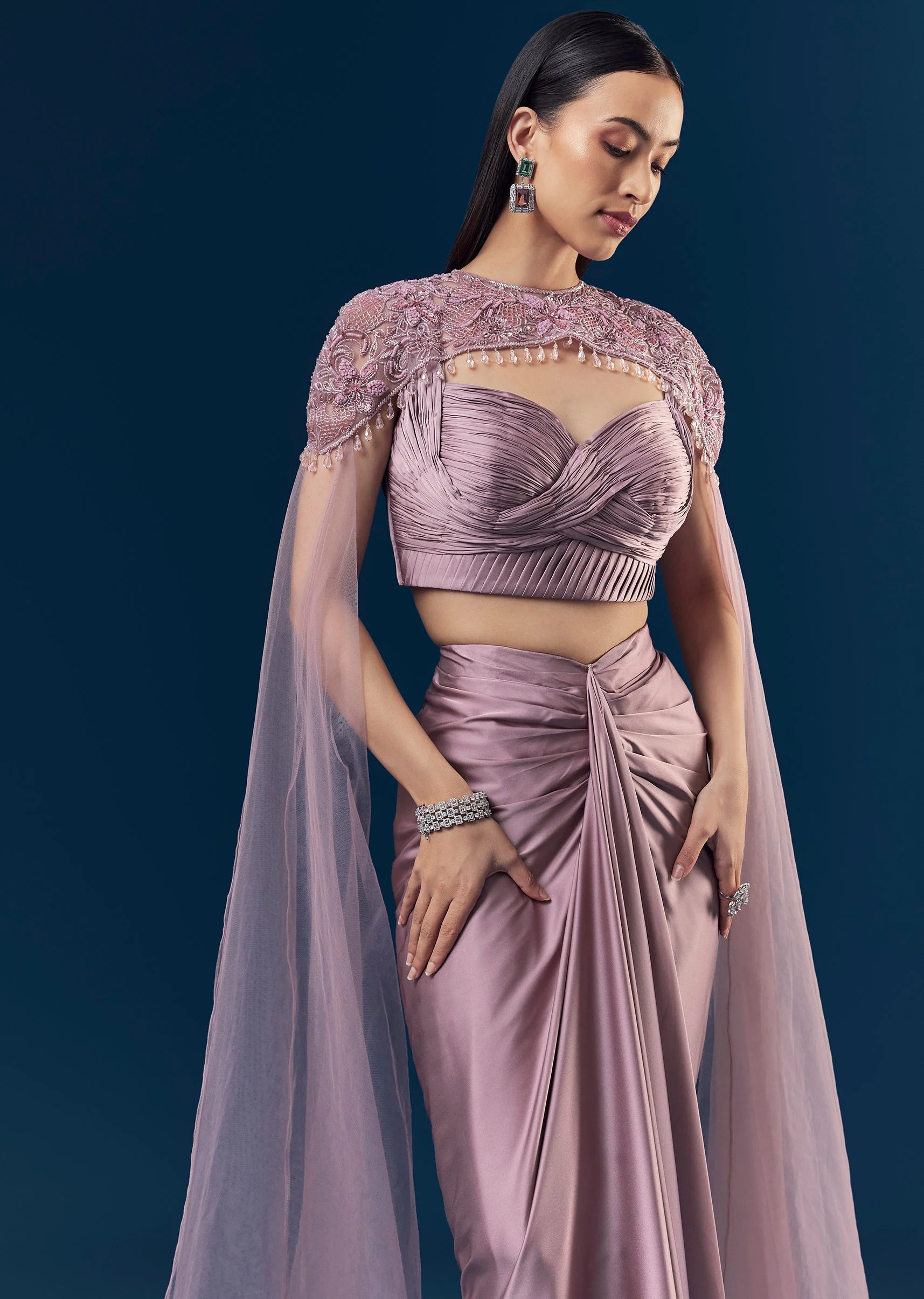Lavender Satin Crop Top And Draped Skirt Set With Purple Pleated Embroidered Blouse And Cape With Cut Dana And Bead Detailing - Image 5