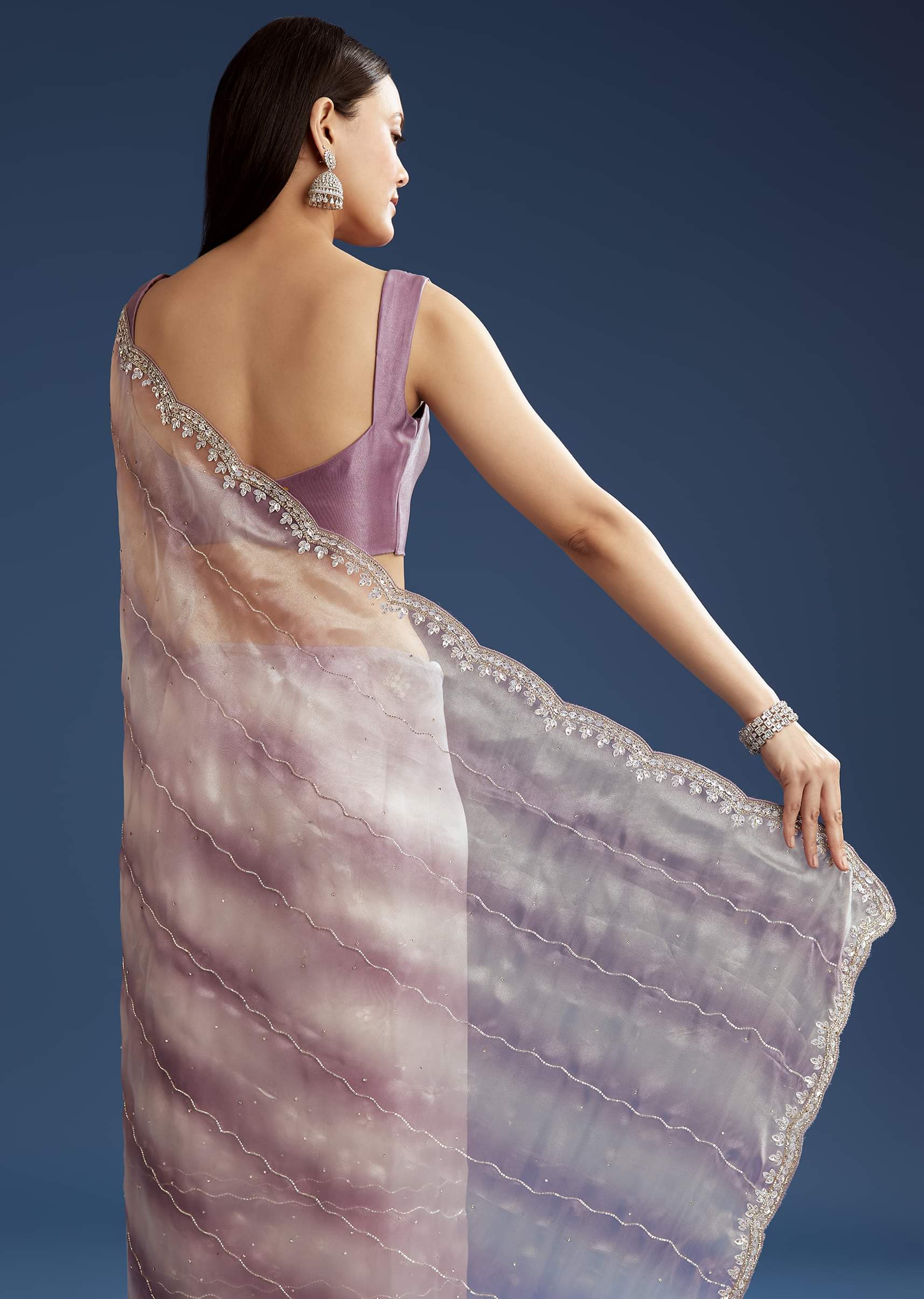 Lavender Shaded Glass Tissue Stone Embellished Saree With Cutdana And Beads - Image 4