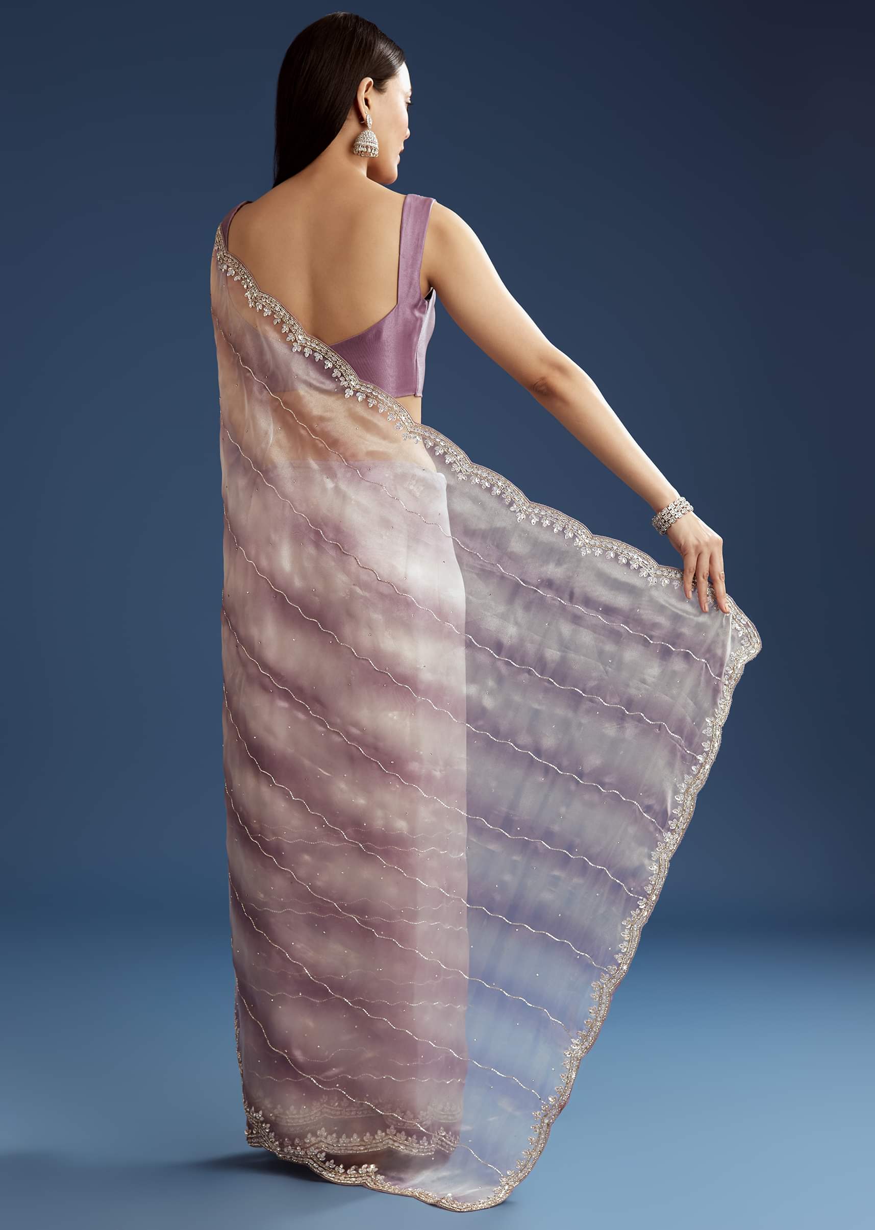 Lavender Shaded Glass Tissue Stone Embellished Saree With Cutdana And Beads - Image 6