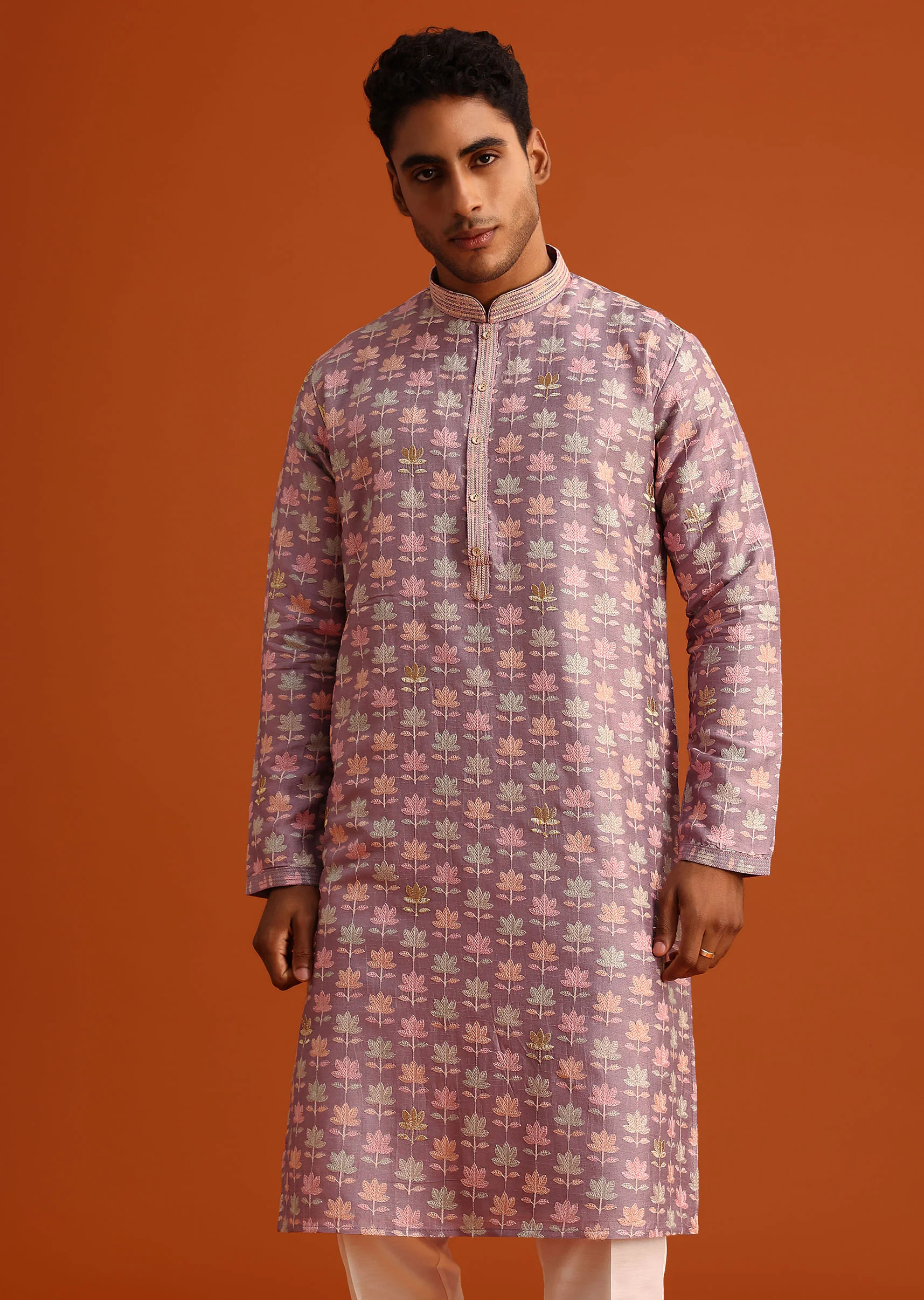 Lavender Silk Kurta And Pant Set With Printed Work - Image 4