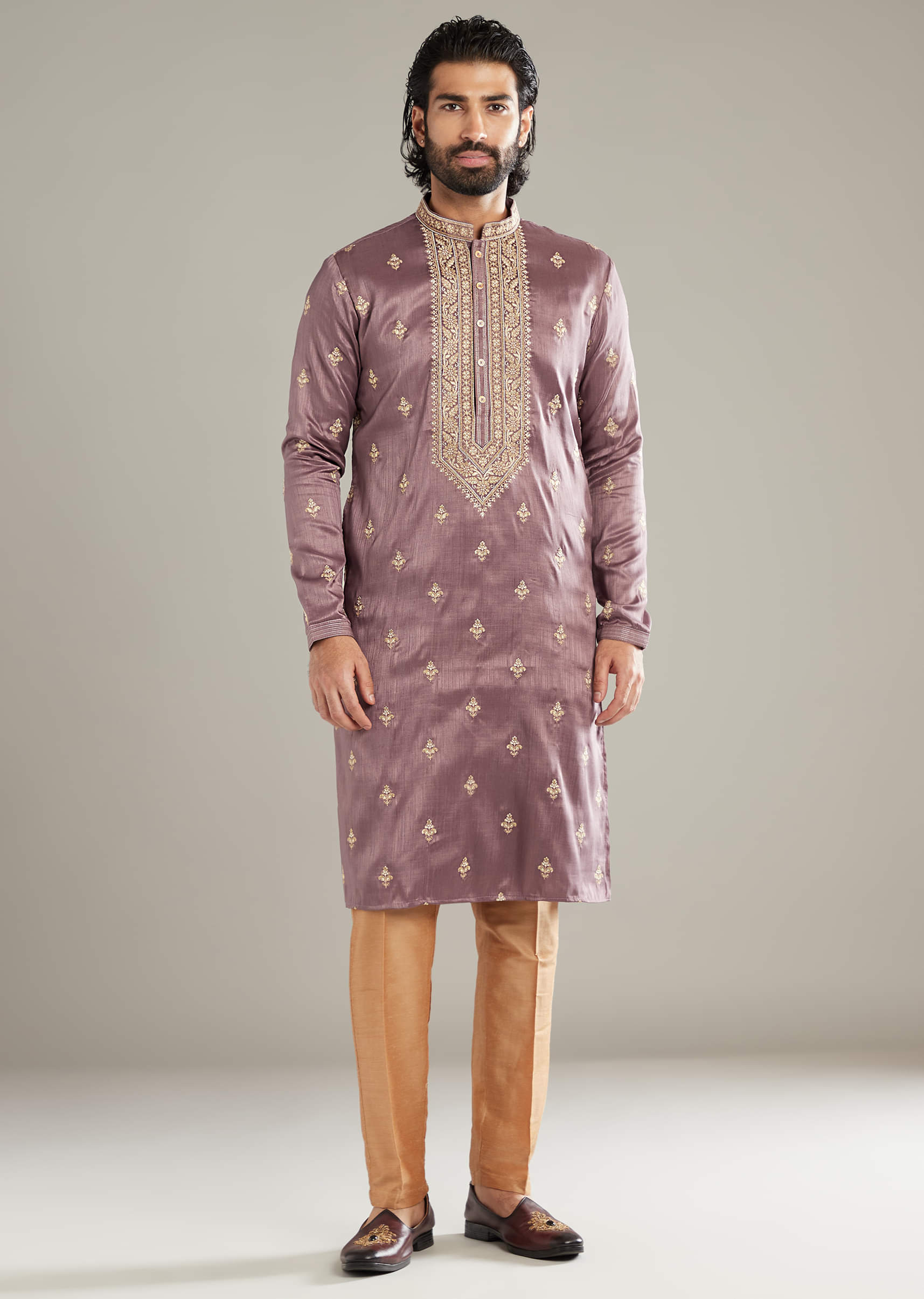 Lavender Silk Kurta Set For Men With Resham Hand Embroidery - Image 2