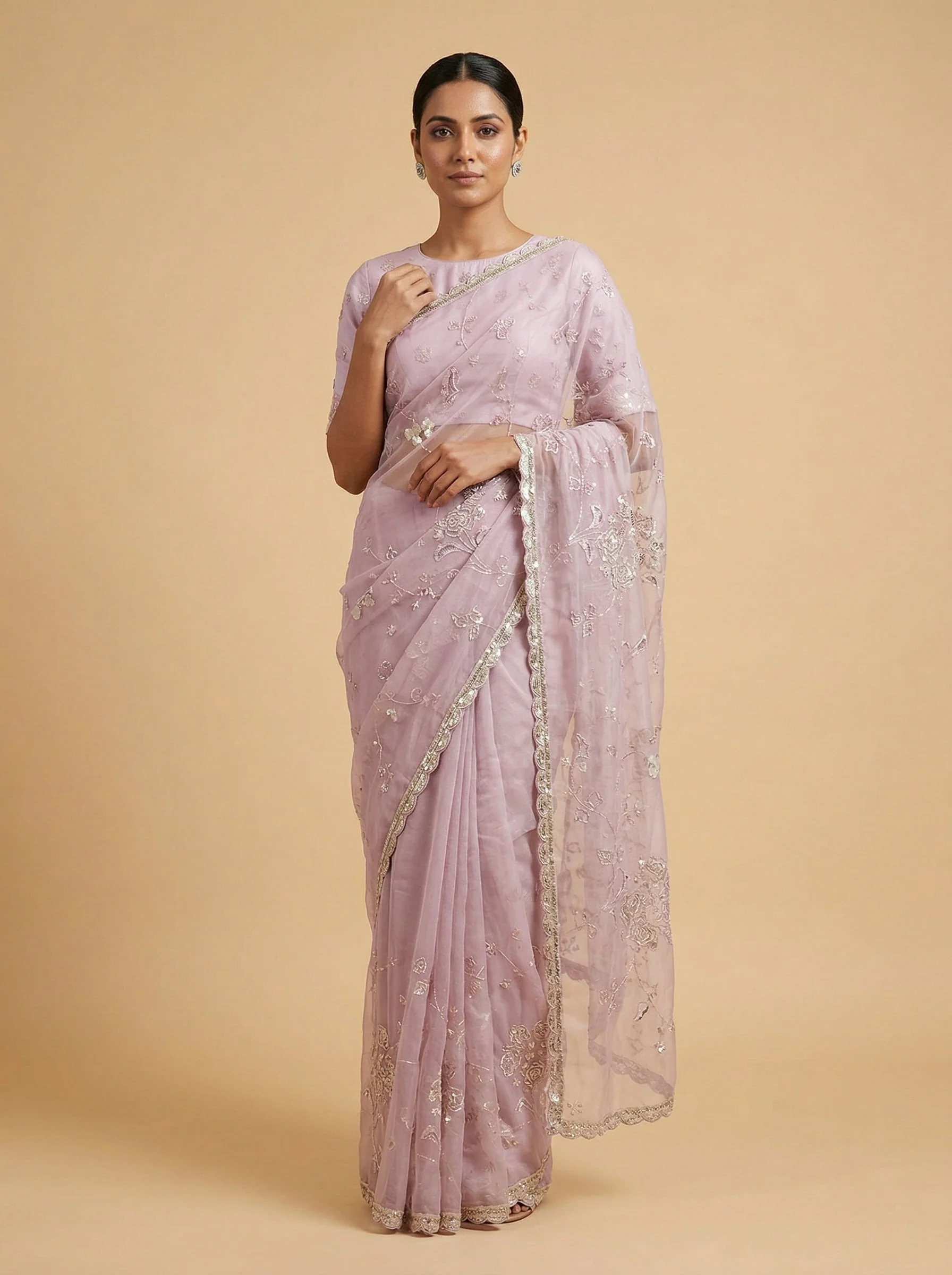 Lavender Silken Embroidered Saree