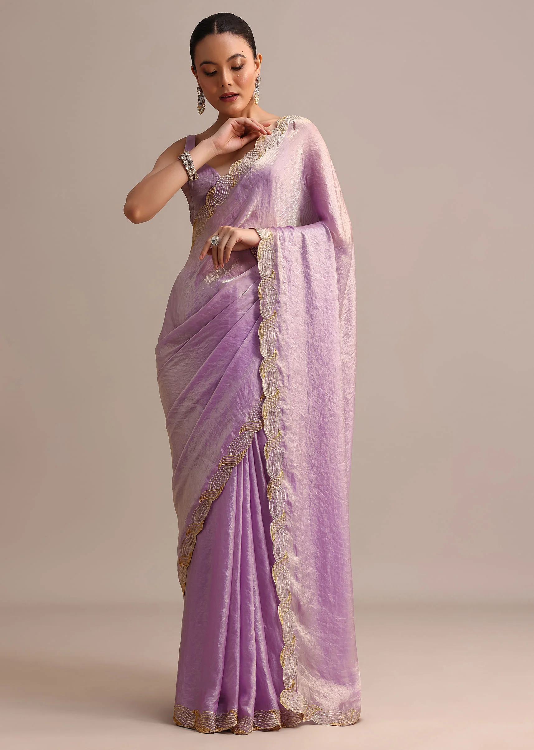 Lavender Soft Tissue Saree With Zari Embroidered Border