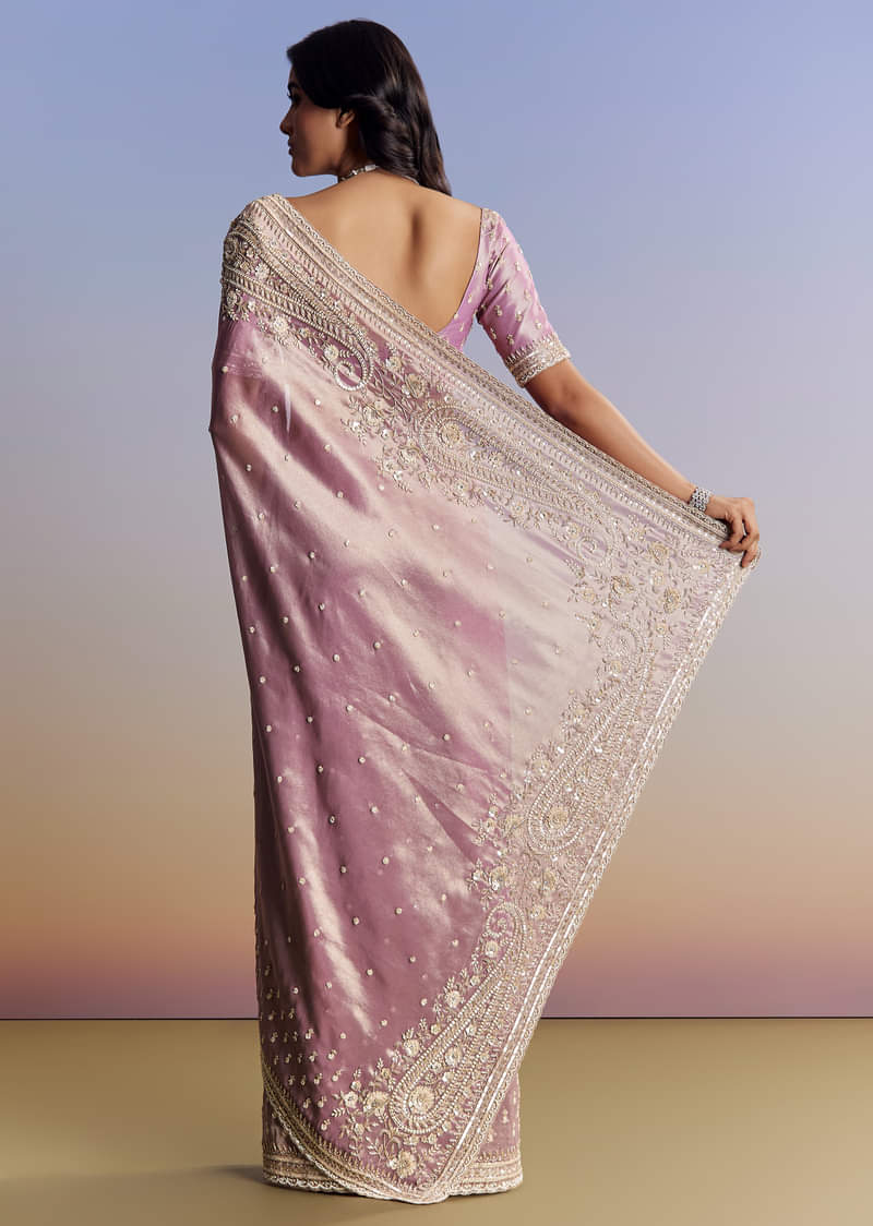 Lavender Tissue Saree With Cutdana Sequin And Bead Embroidery - Image 6