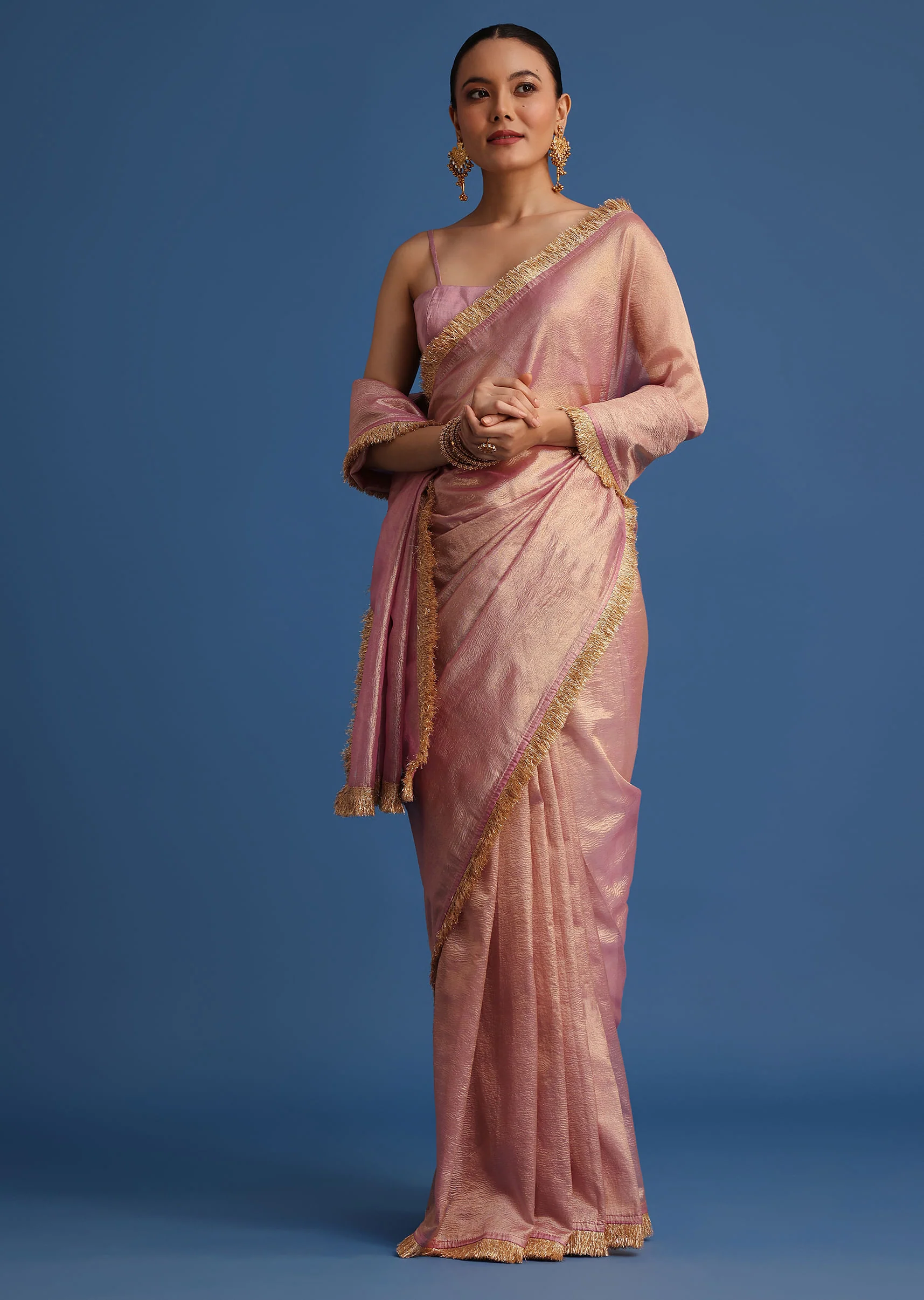 Lavender Tissue Silk Saree With Zari Frill Lace Border - Image 3