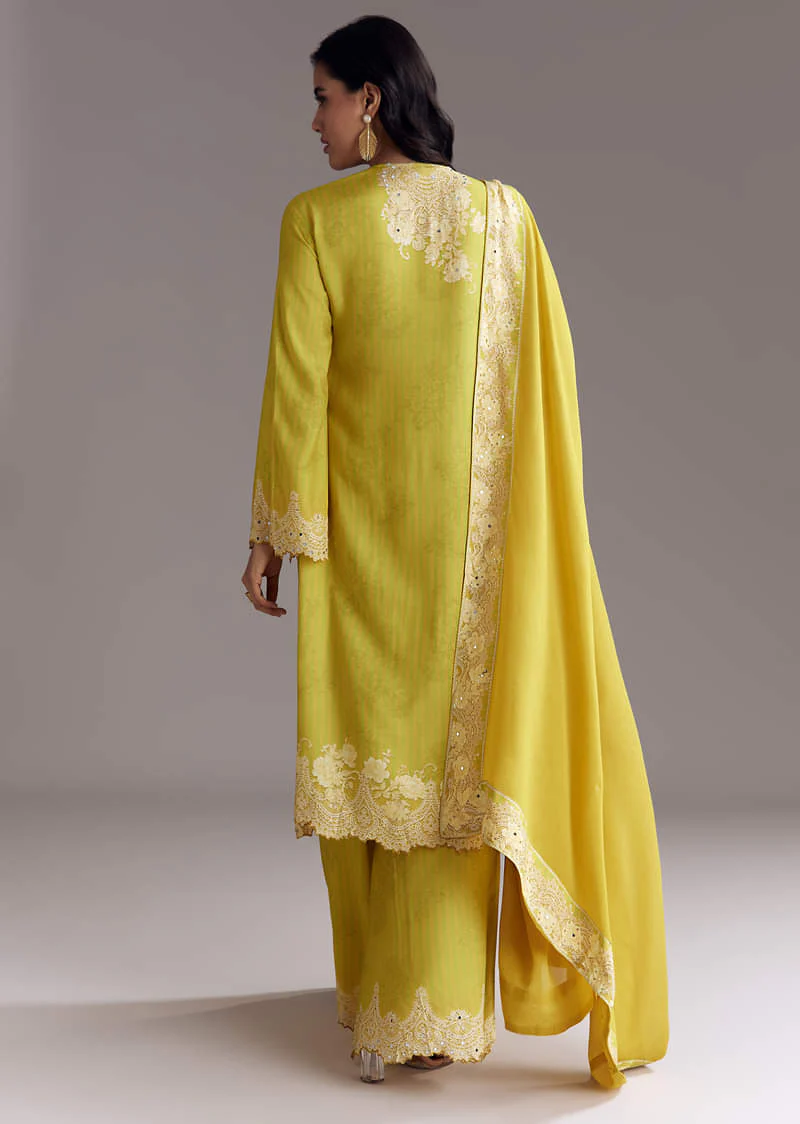 Lemon Green Printed Palazzo Set With Mirror Work - Image 6