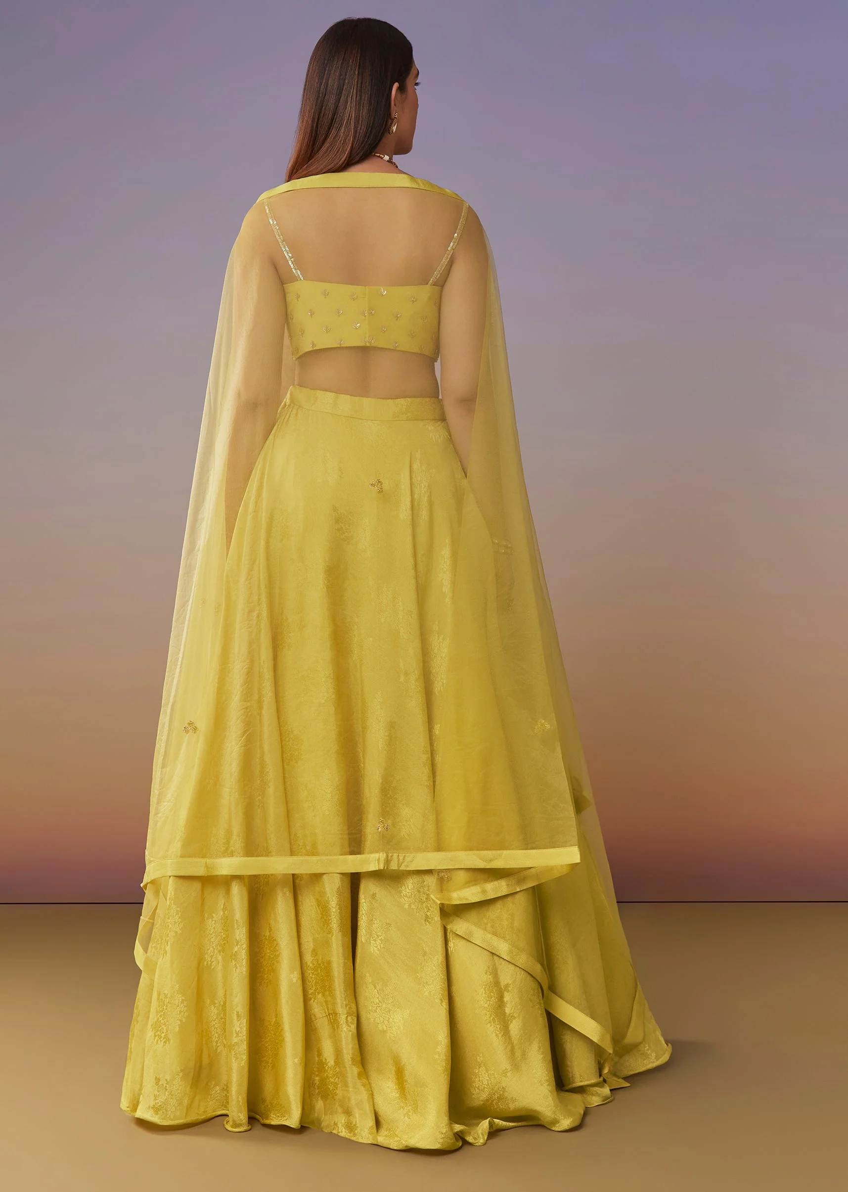 Lemon Yellow Banarasi Lehenga Set With Sequin And Lace Detailing - Image 2