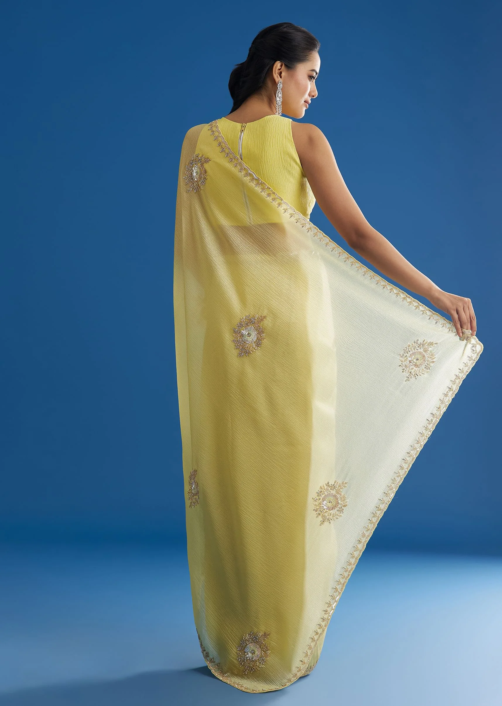 Lemon Yellow Crushed Tissue Saree With Embroidered Scallop Border - Image 6