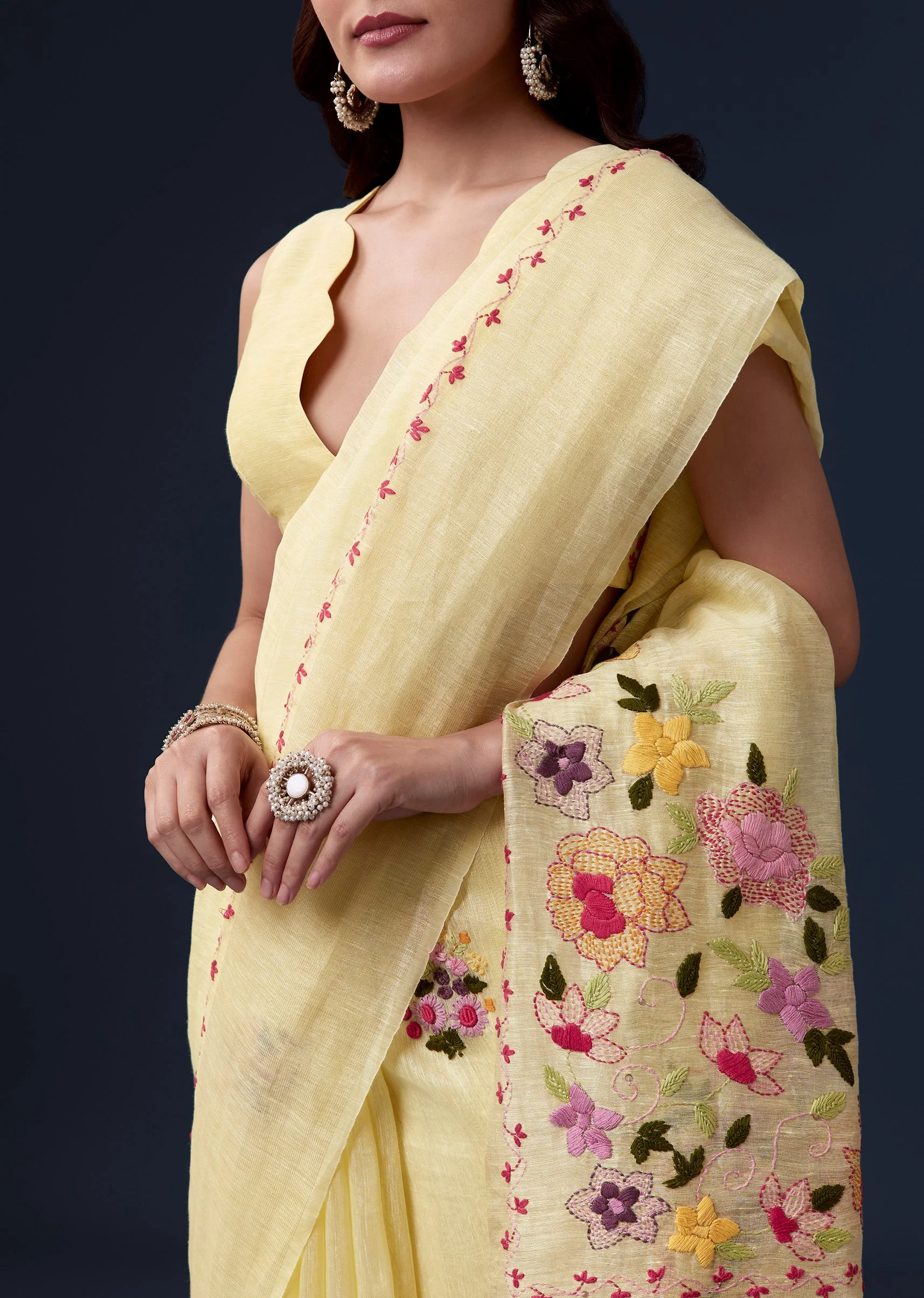 Lemon Yellow Linen Saree With Resham Thread Floral Embroidery - Image 2