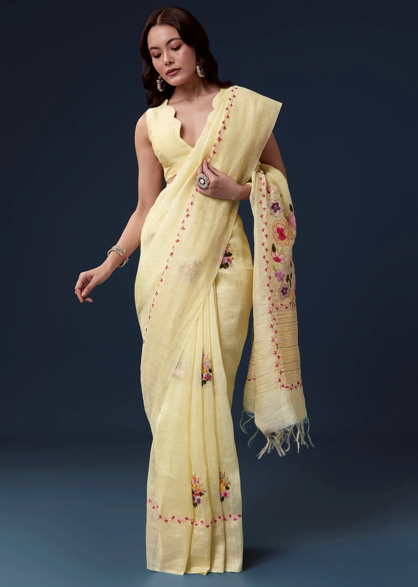 Lemon Yellow Linen Saree With Resham Thread Floral Embroidery - Image 3