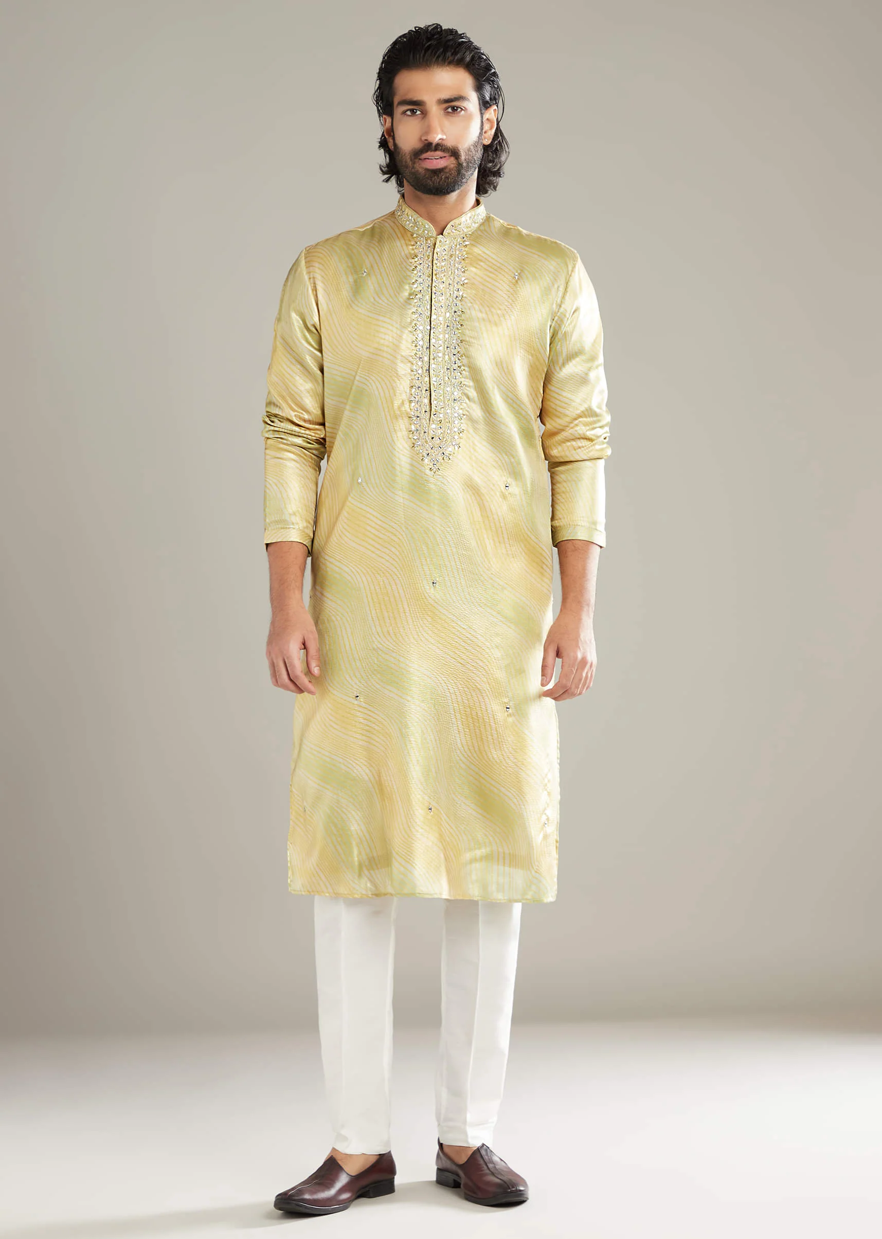 Lemon Yellow Silk Kurta Set For Men With Mirror Work - Image 2
