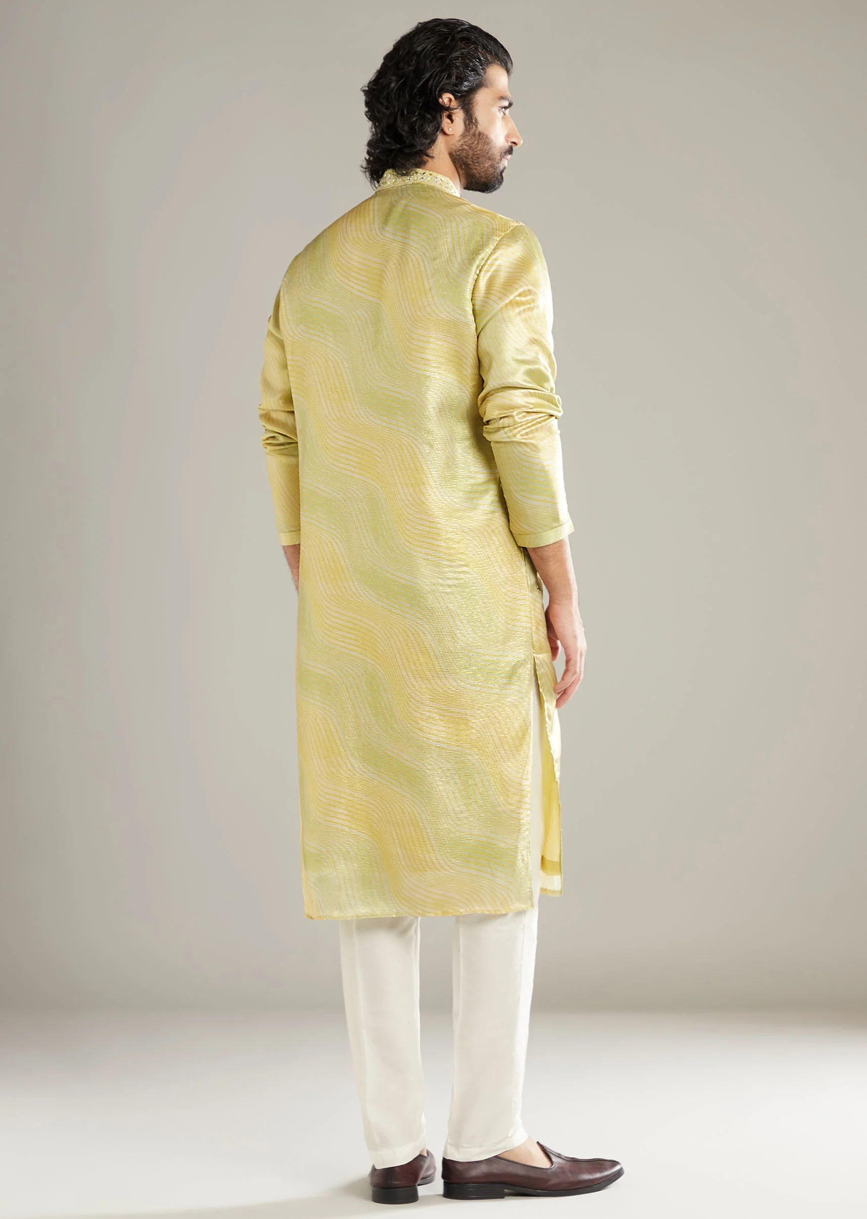 Lemon Yellow Silk Kurta Set For Men With Mirror Work - Image 5
