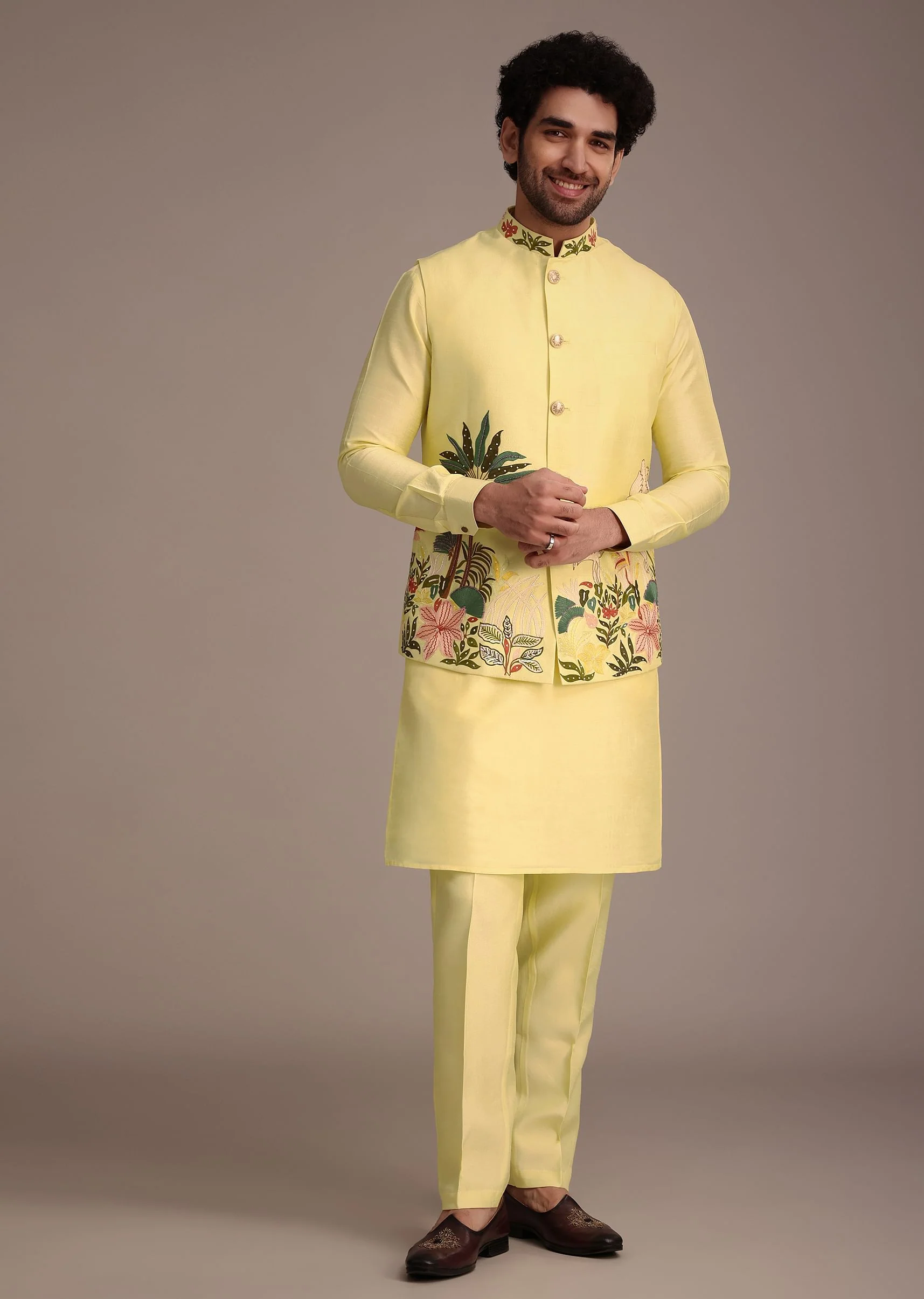 Lemon Yellow Silk Thread Work Kurta Jacket Set - Image 2