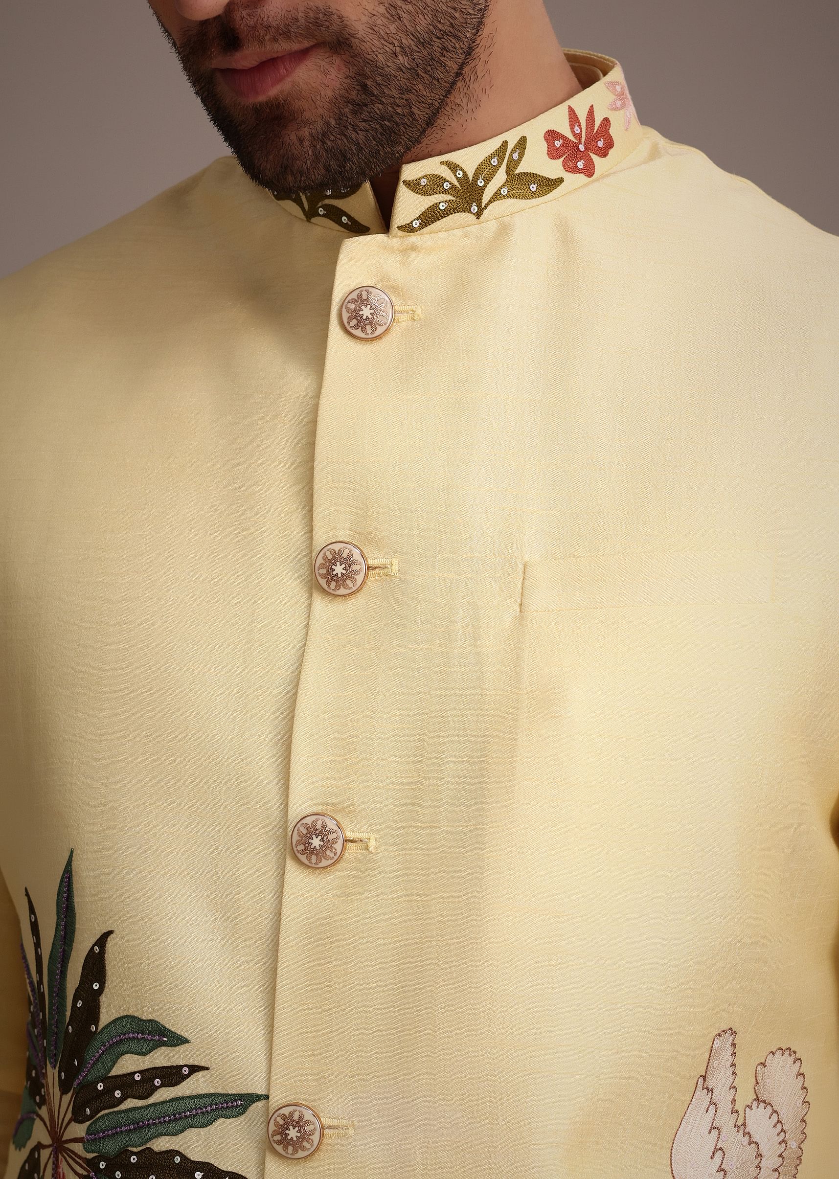 Lemon Yellow Silk Thread Work Kurta Jacket Set - Image 3