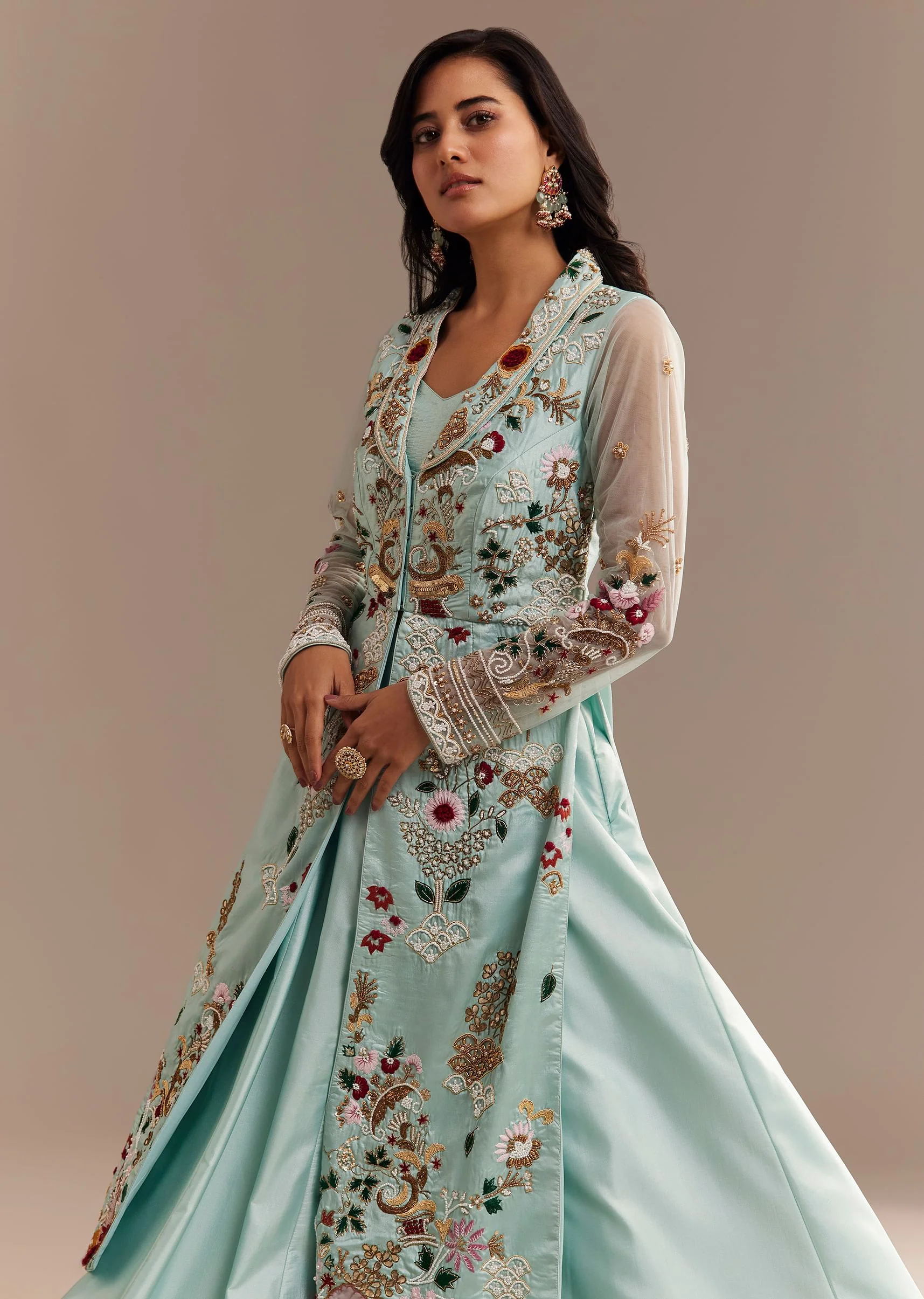 Light Aqua Blue Zardosi Embroidered Jacket Lehenga Set - Image 2