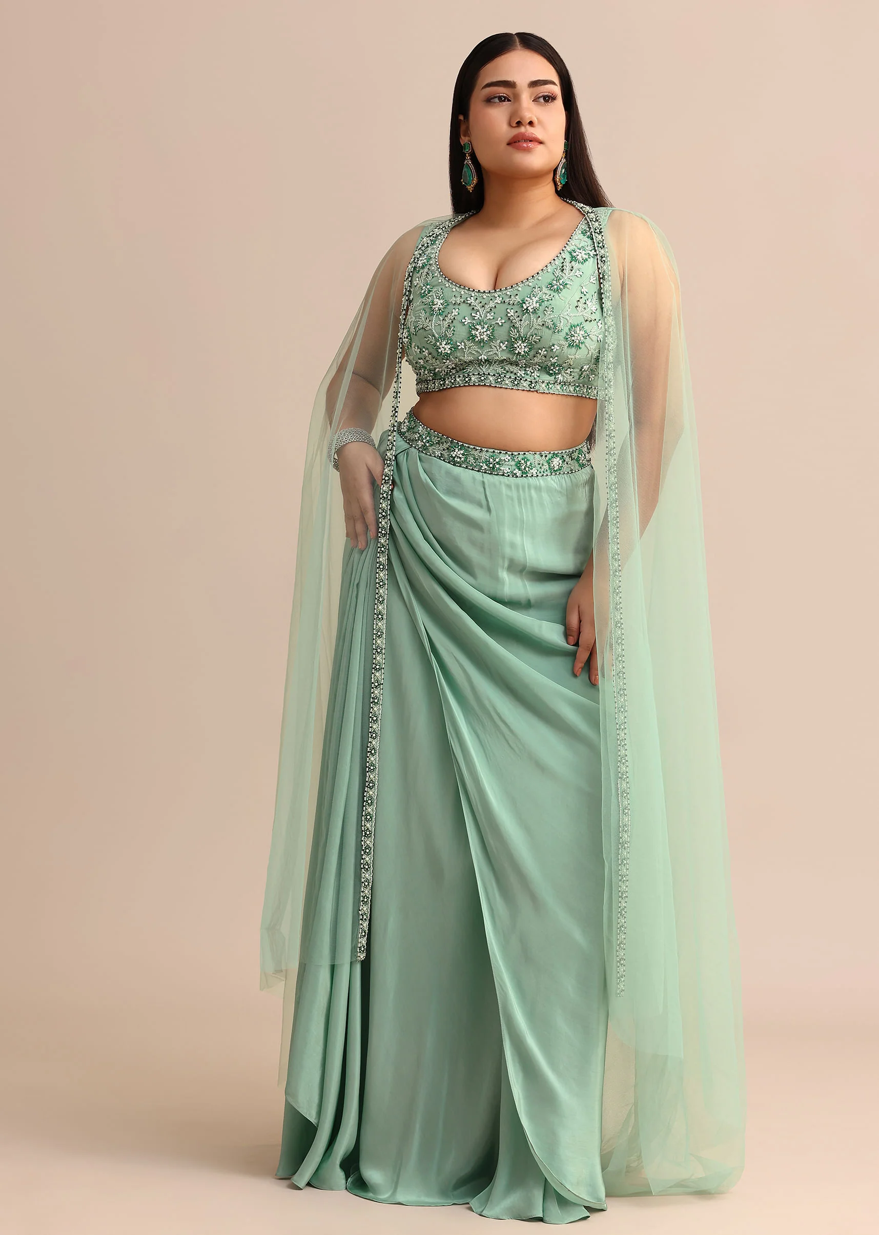 Light Aqua Draped Skirt With Net Cape - Image 3