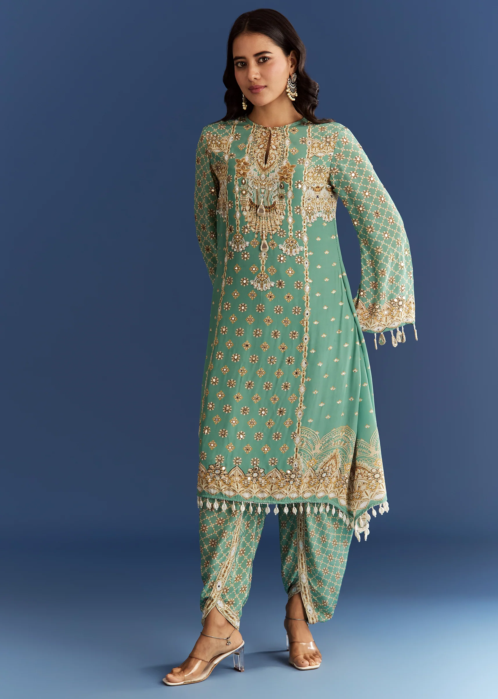 Light Aqua Green Crepe Printed Kurta Dhoti With Embroidery - Image 3