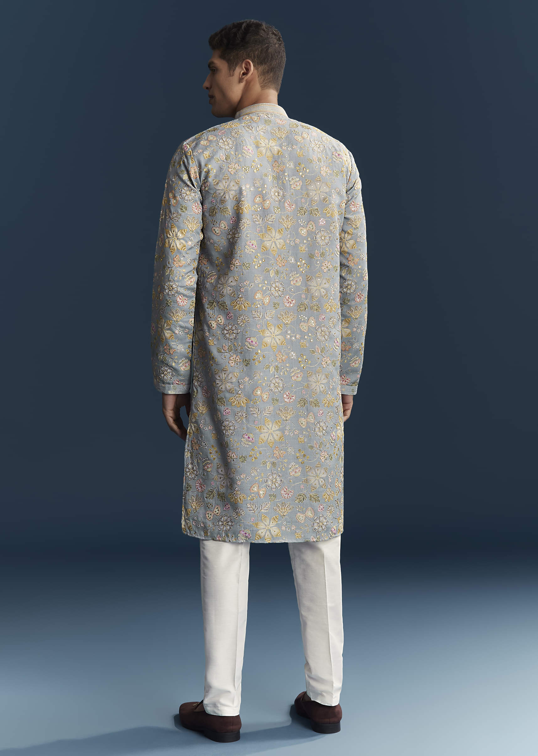 Light Blue Silk Kurta Set For Men With Thread Embroidery - Image 5