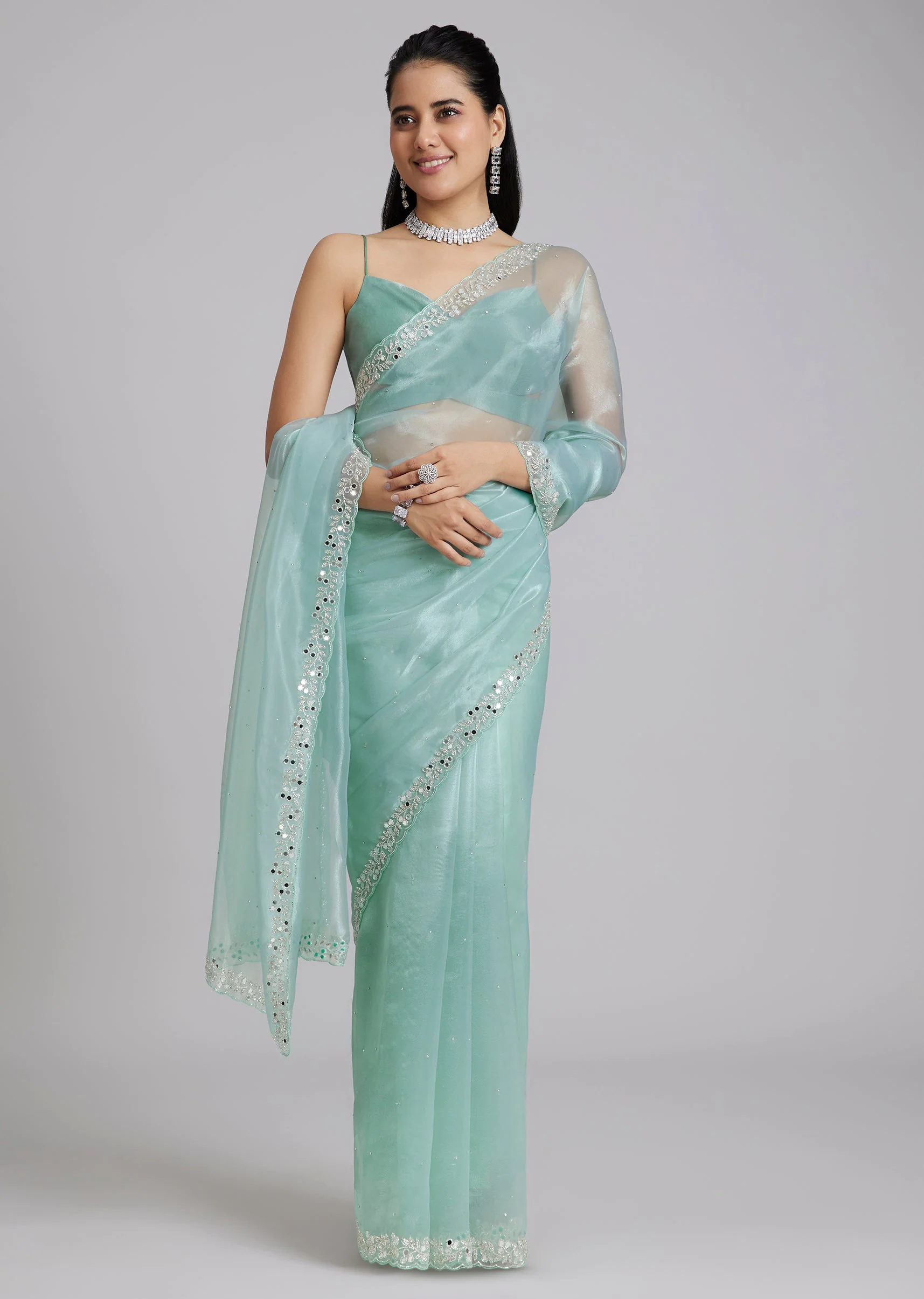 Light Blue Tissue Saree Wirh Mirror Cutdana And Stone Work