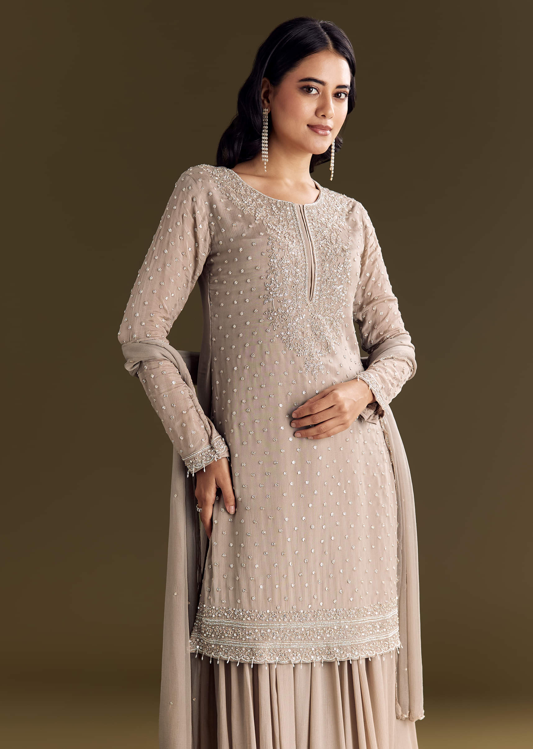 Light Brown Kurta Set With Sequins Palazzo And Dupatta