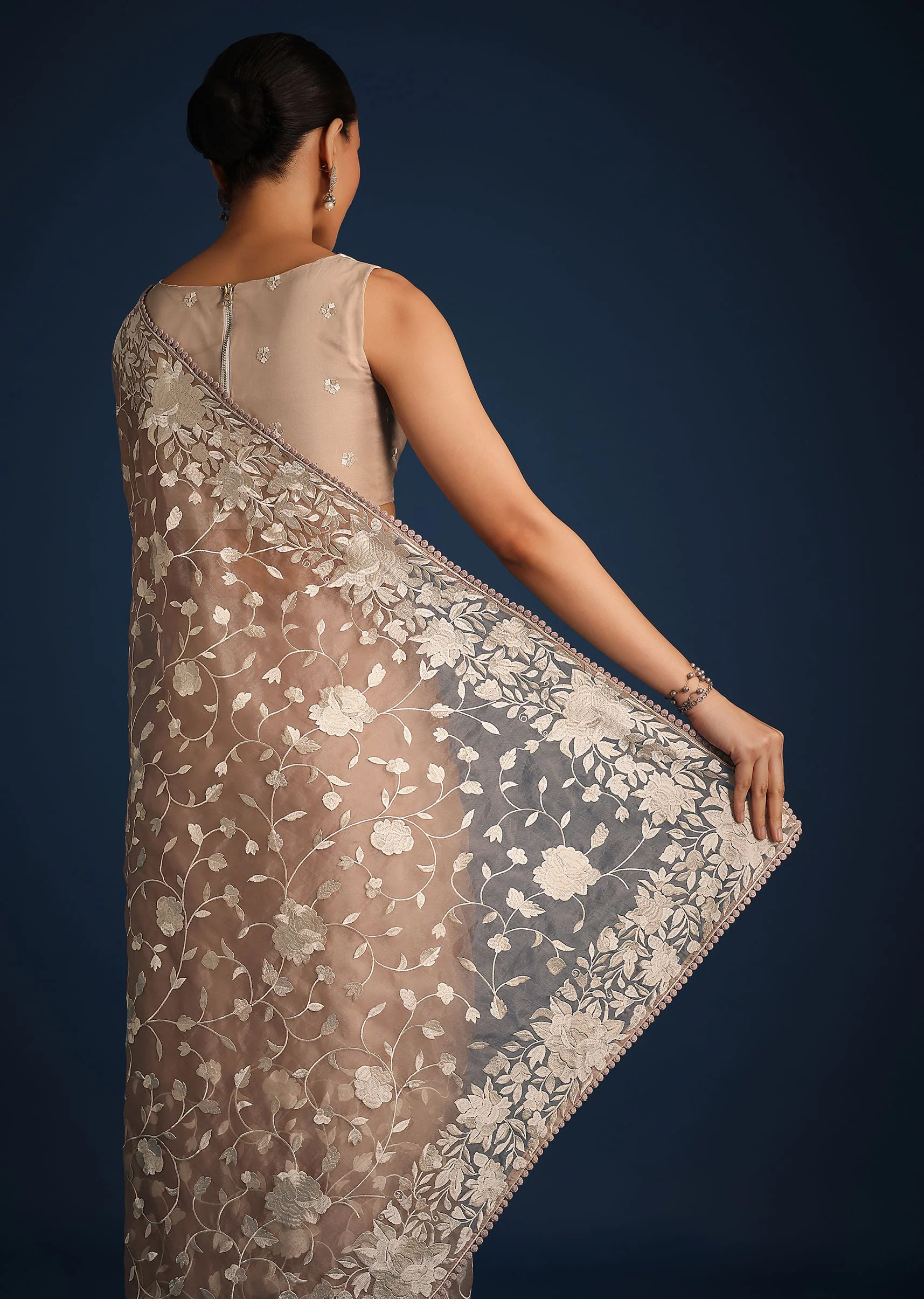 Light Brown Organza Resham Thread Embroidered Saree - Image 4