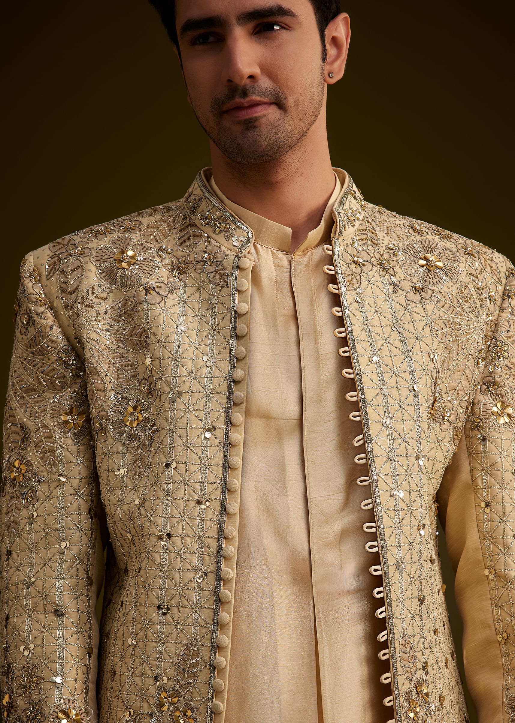 Light Gold Silk Open Sherwani Set With Zardosi Handwork - Image 2