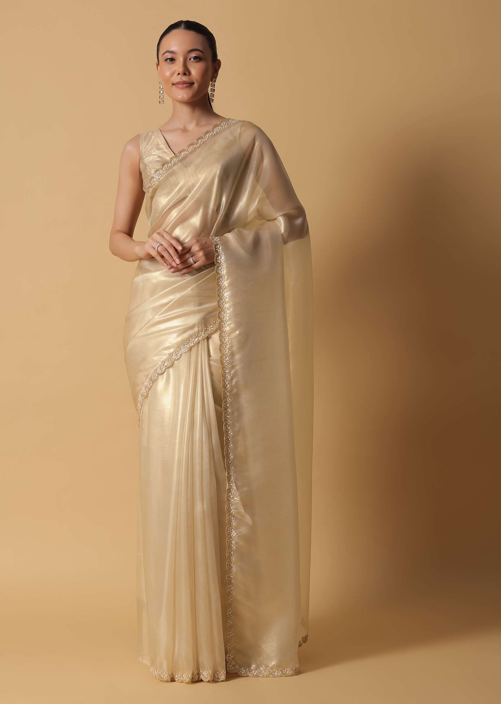 Light Gold Toned Foil Saree In Tissue With Cut Dana Embroidered Borders - Image 5