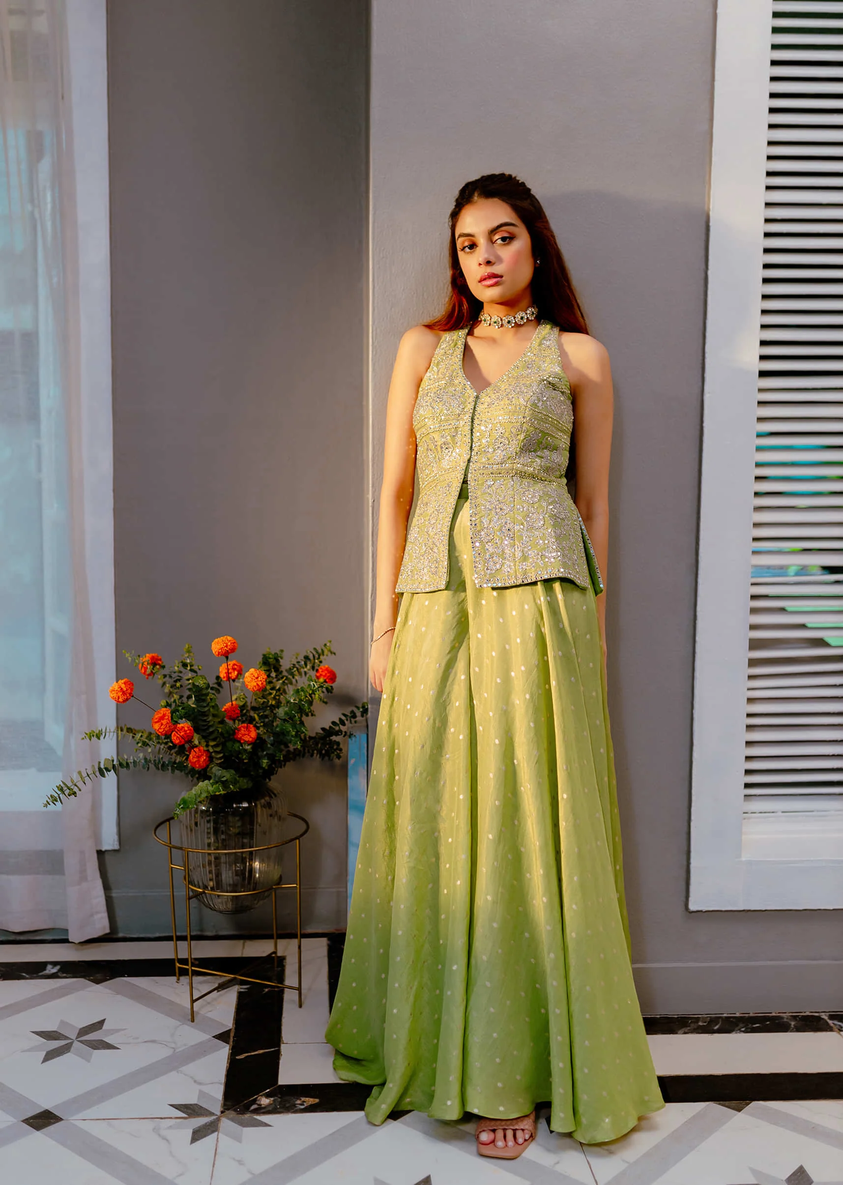 Light Green Embroidered Silk Kurta Palazzo With Dupatta - Image 7