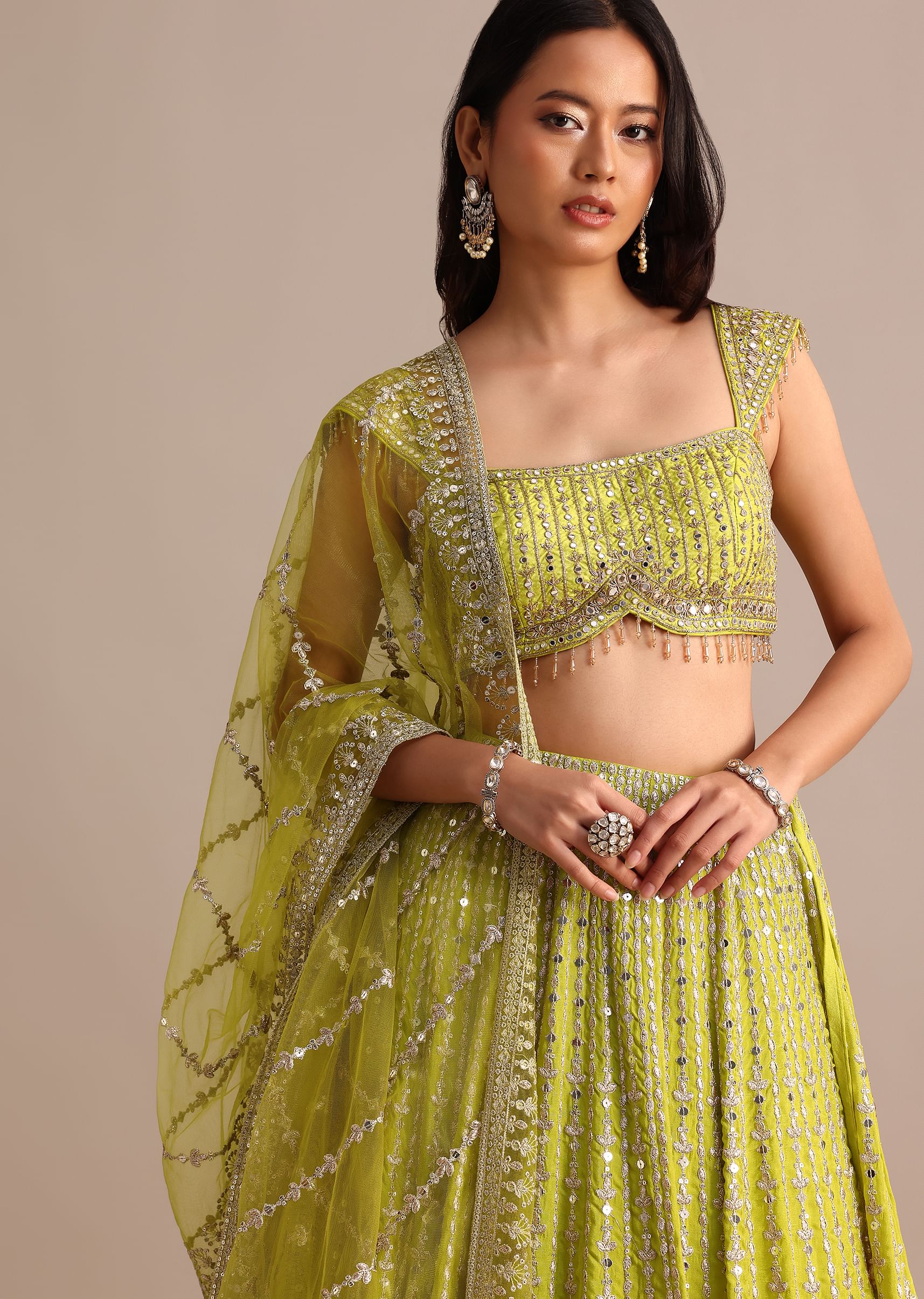 Light Green Embroidered Silk Lehenga Choli With Dupatta - Image 4