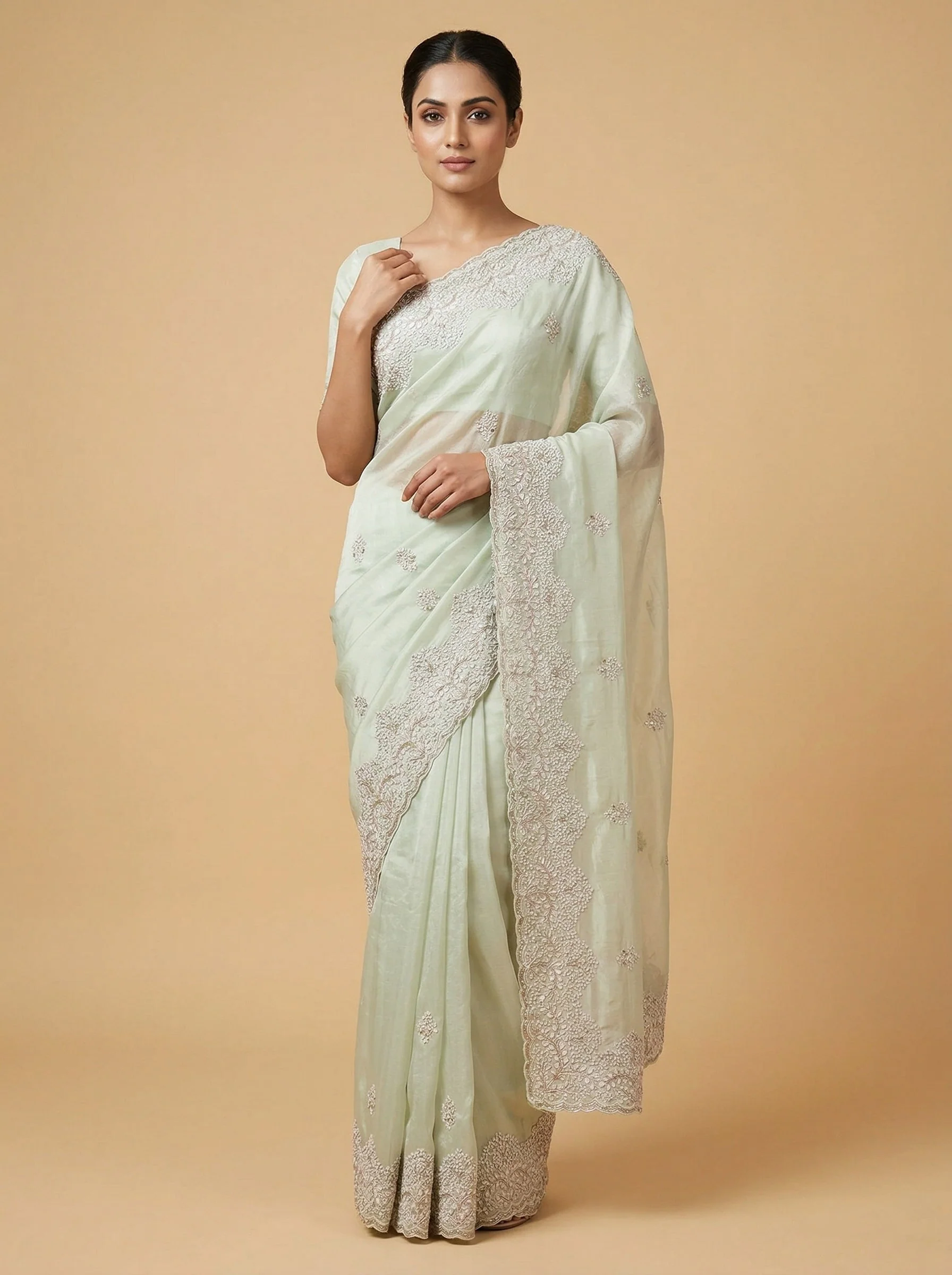 Light Green Feathered Embroidered Saree
