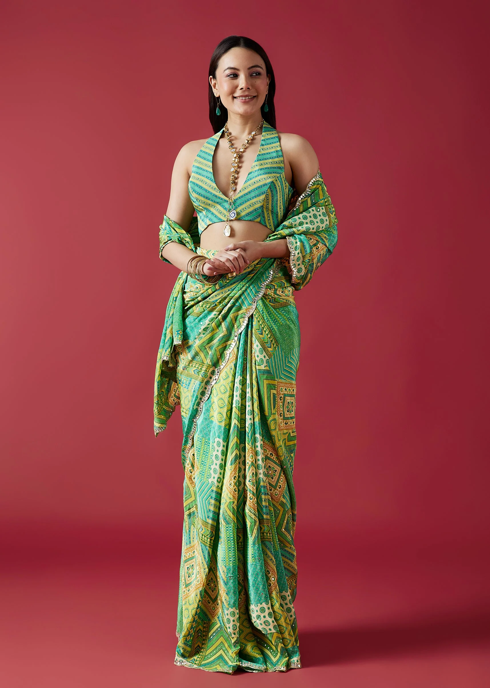Light Green Printed Crepe Silk Saree With Mirror Border
