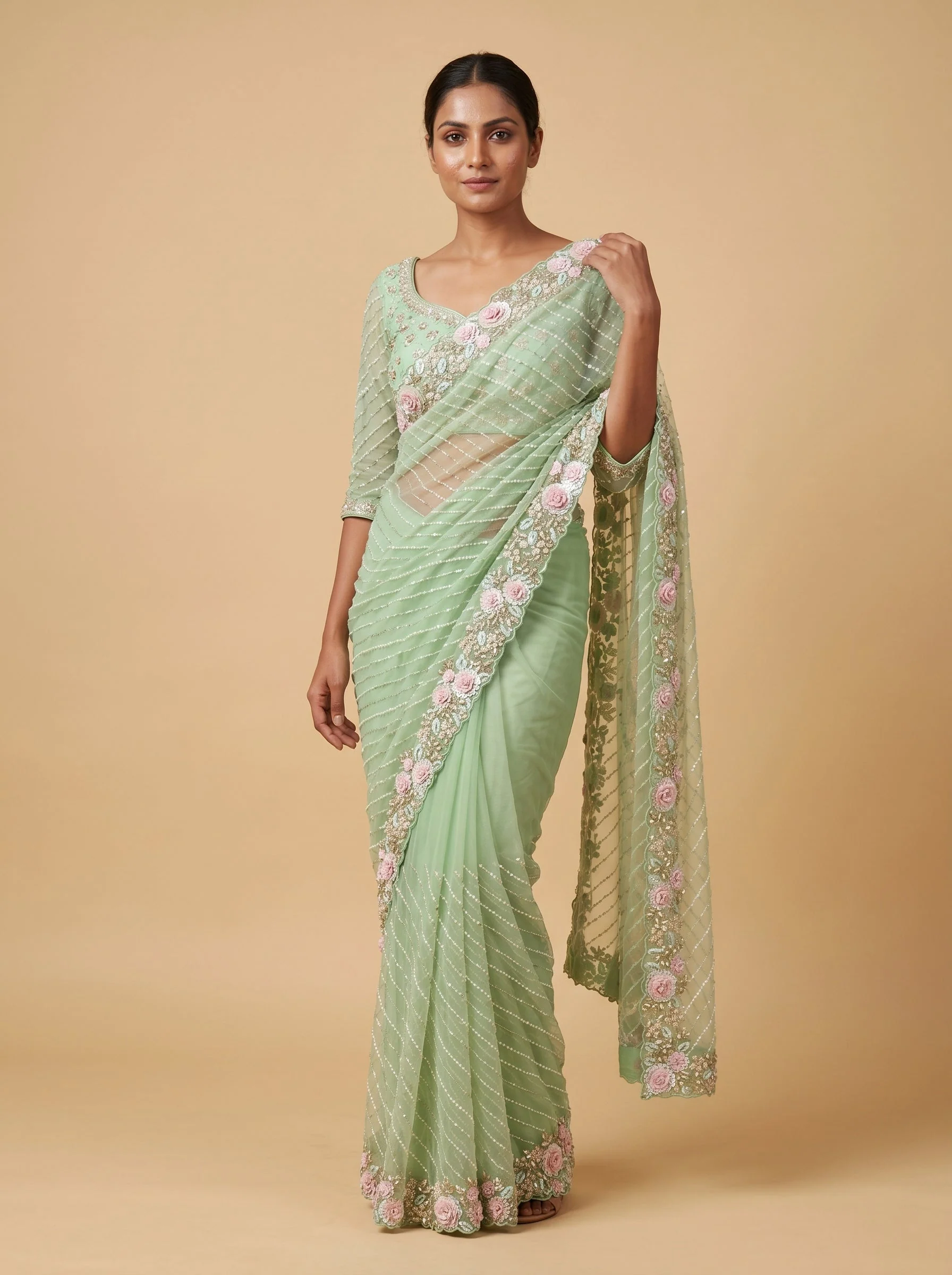 Light Green Spring Veil Embroidered Saree