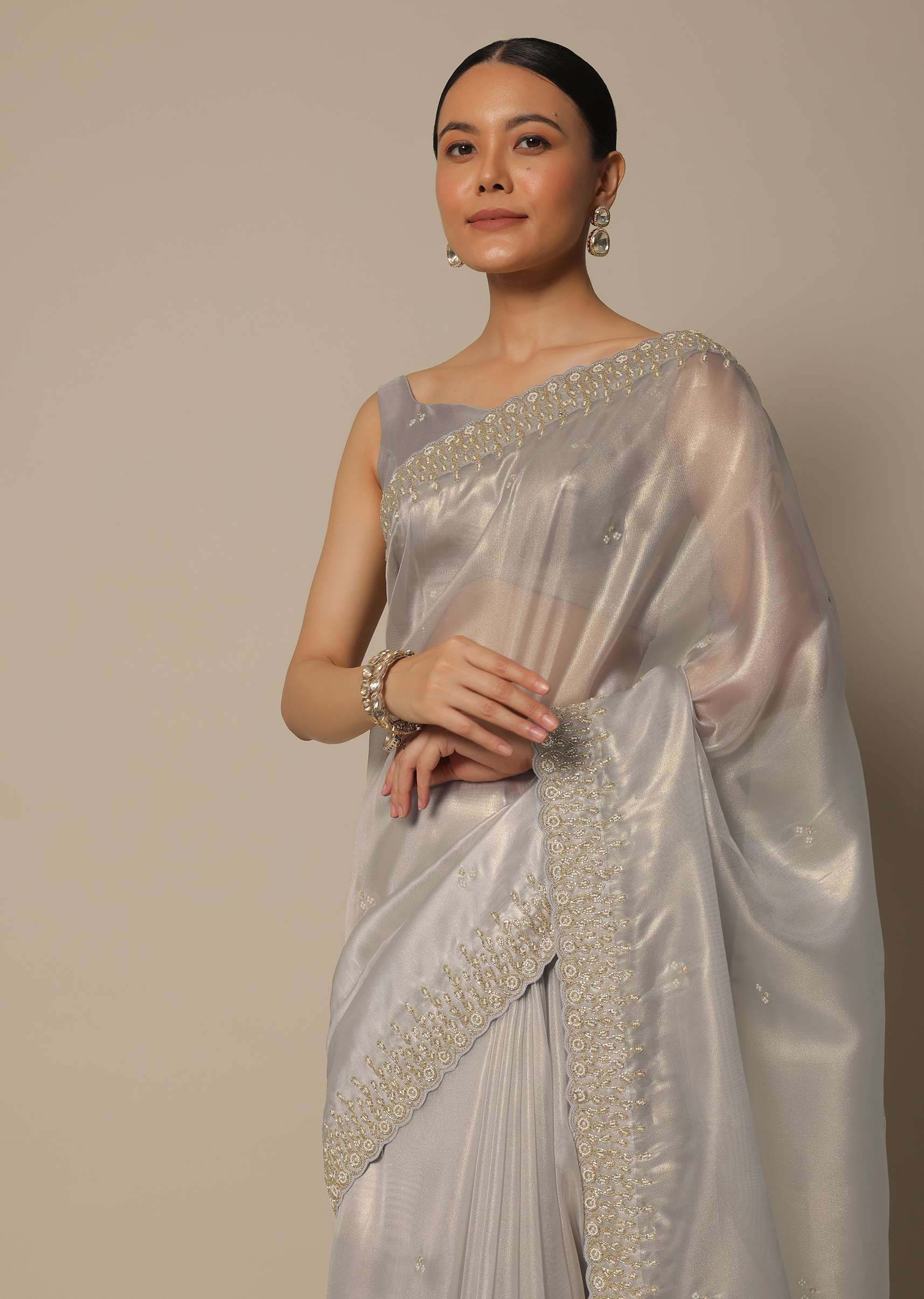 Light Grey Tissue Saree With Bead And Cutdana Work And Unstitched Blouse Piece - Image 2