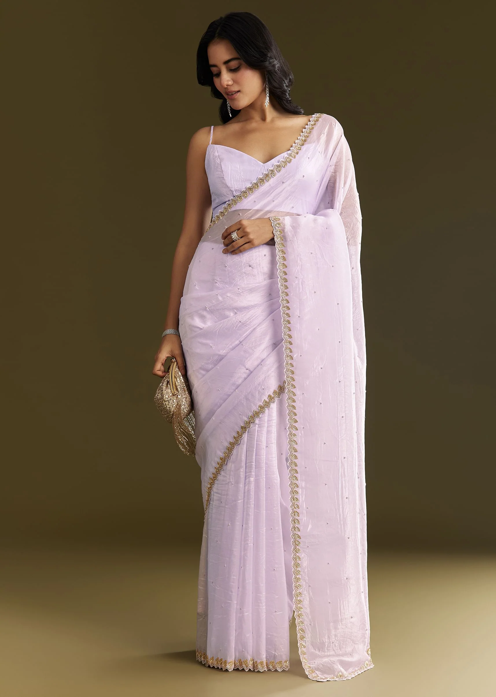 Light Lavender Tissue Saree With Cutdana Beads Embroidery And Scallop Border - Image 3