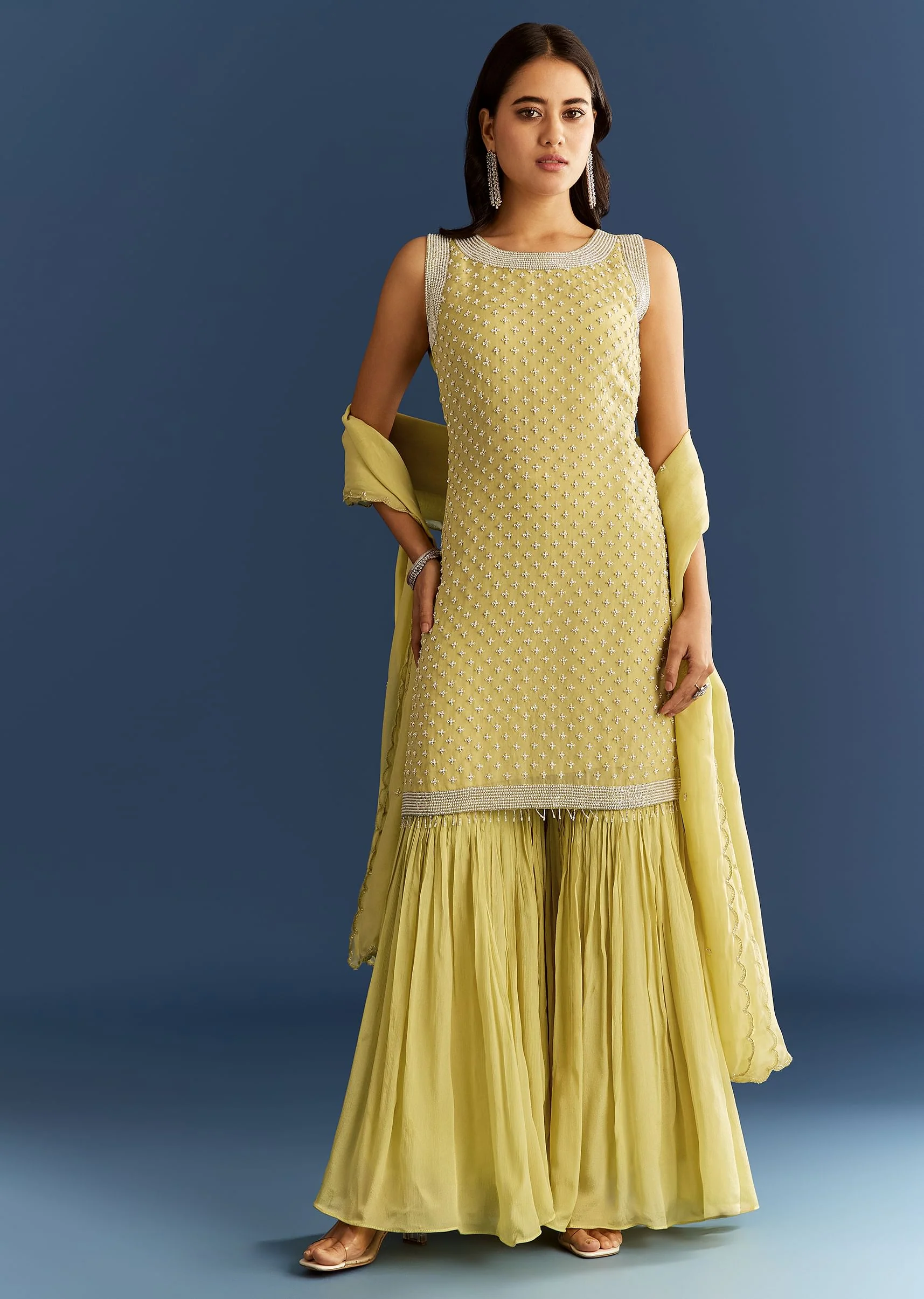 Light Lime Green Organza Kurta Set With Embroidered Scallop Hem Dupatta
