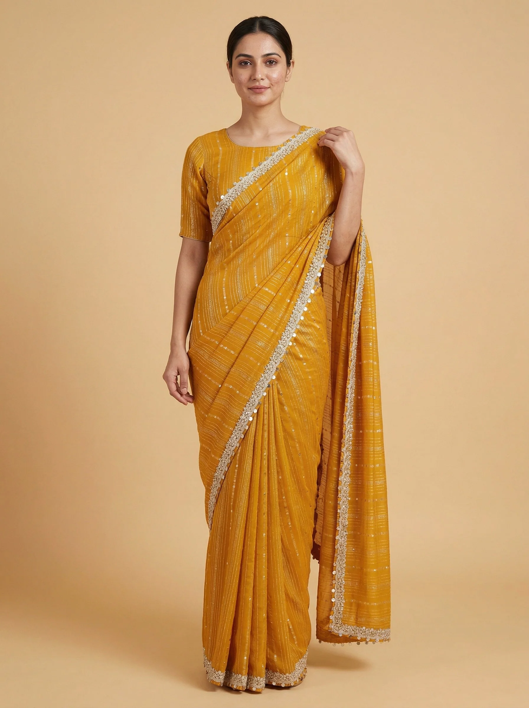 Light Orange Crisp Embroidered Saree