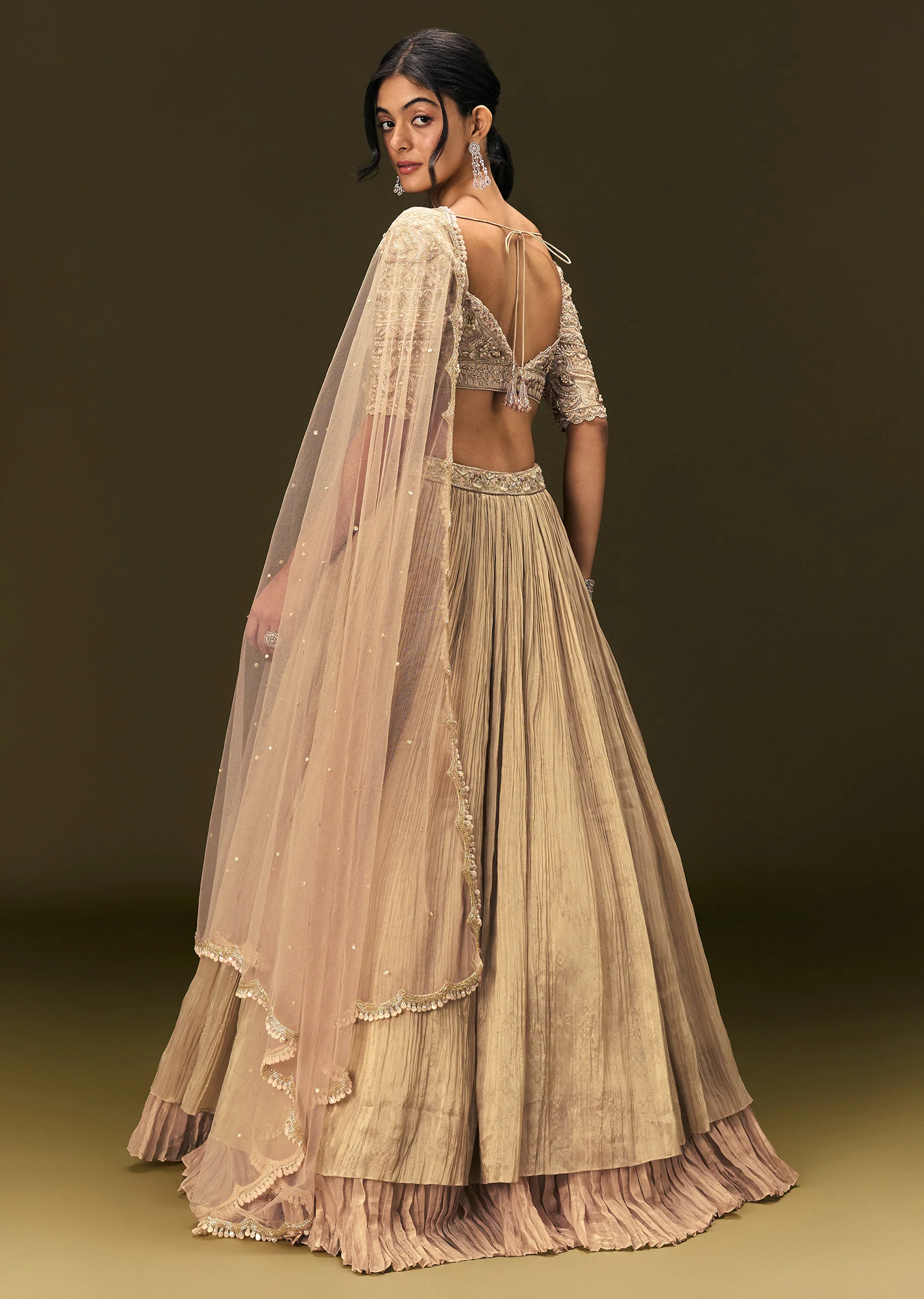 Light Peach Banarasi Silk Lehenga Dupatta With Embroidered Blouse - Image 2