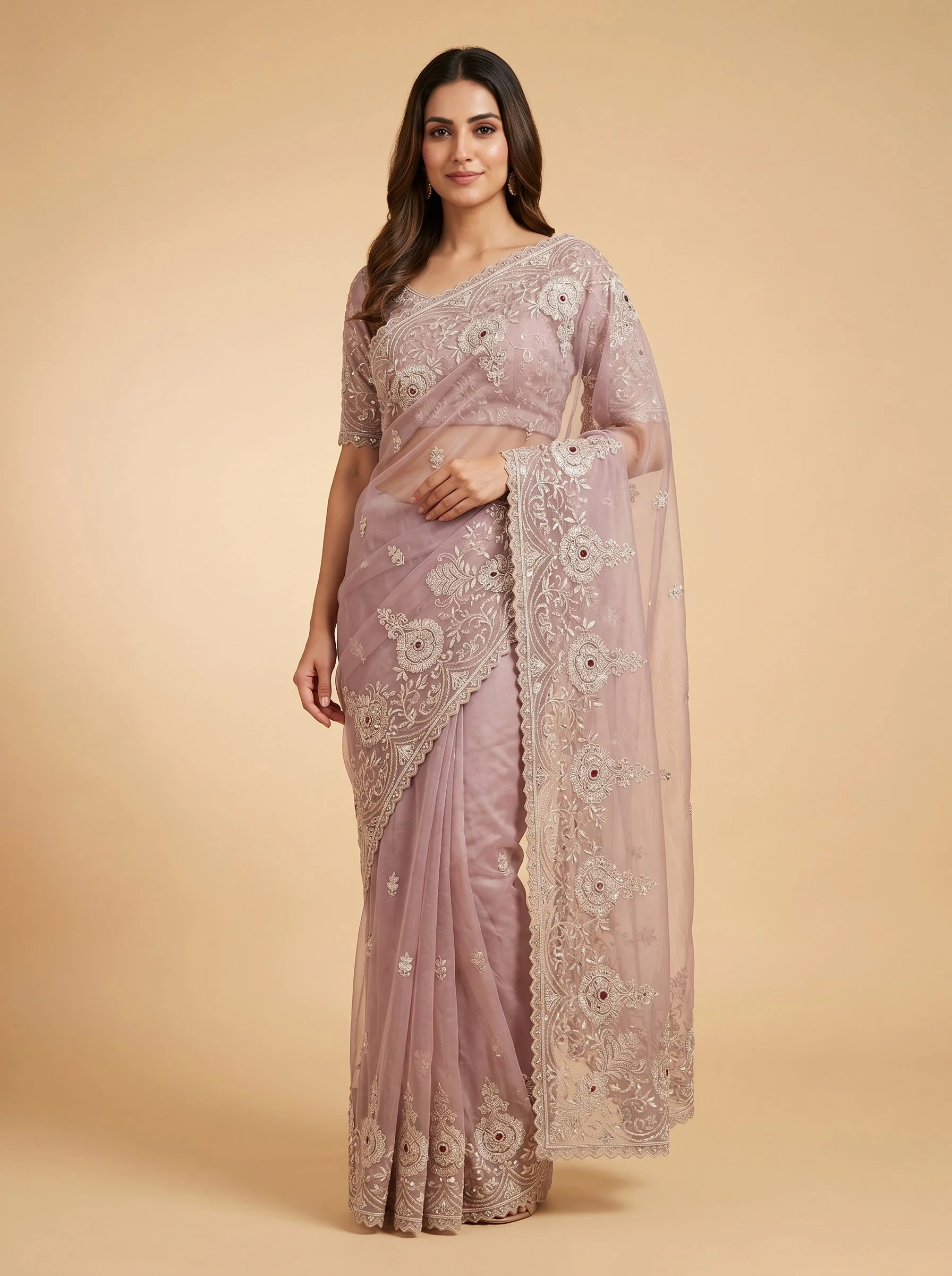 Light Peach Embroidered Saree