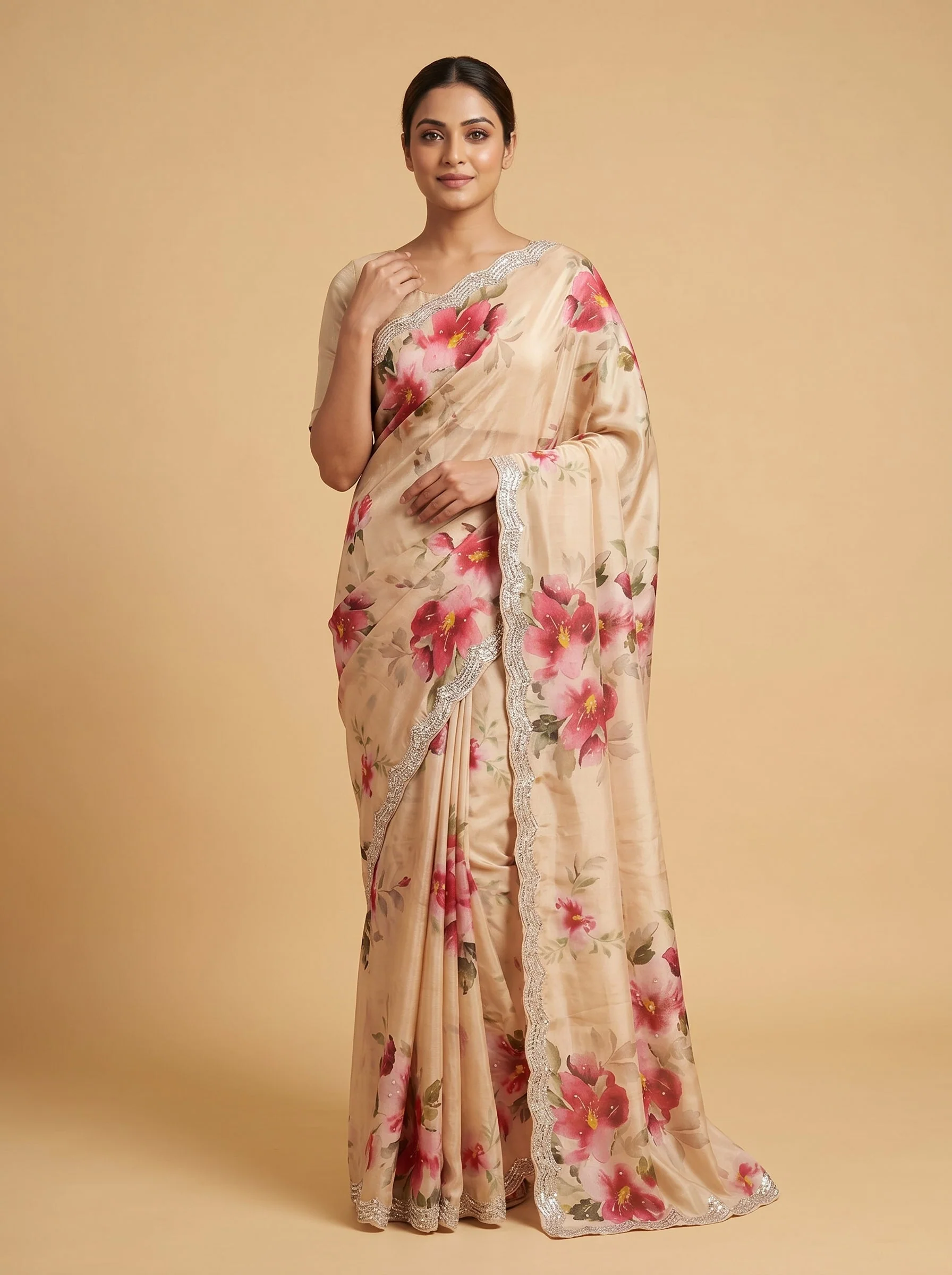 Light Peach Soft Nectar Embroidered Saree