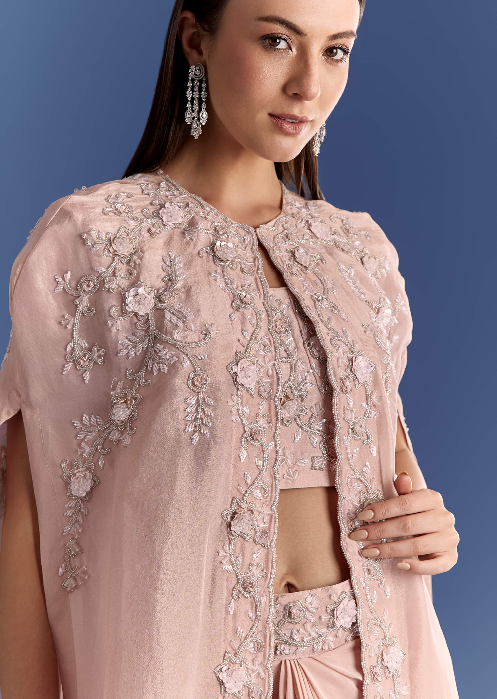 Light Peach Tissue Cape Set With Embroidered Croptop And Skirt - Image 3