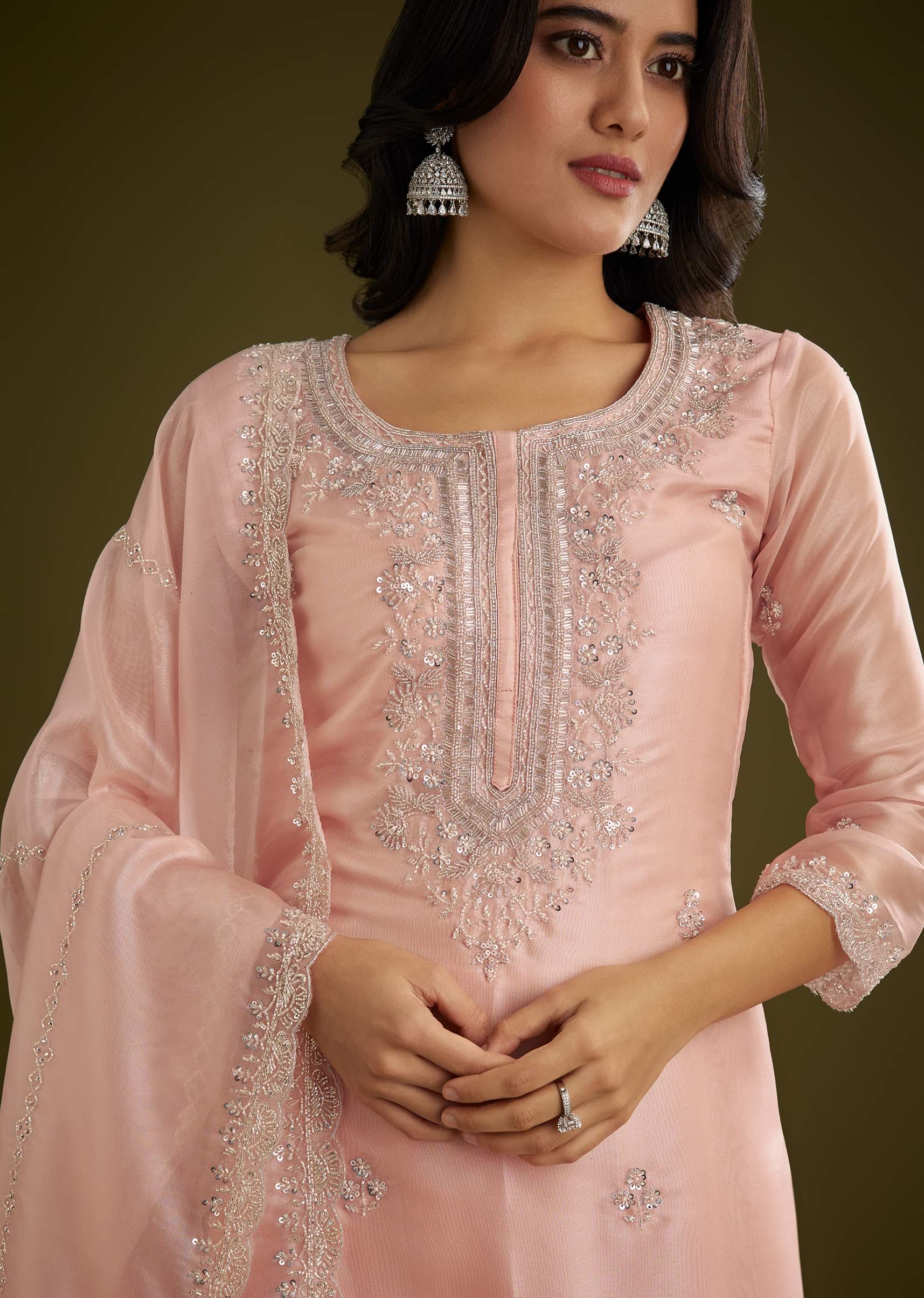 Light Peach Tissue Cut Dana Beads Kurta Set With Embroidered Dupatta - Image 4